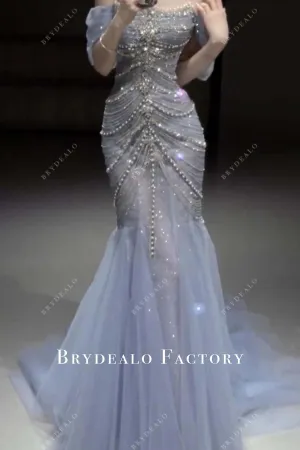 Lavender Off Shoulder Shimmer Trumpet Prom Dress