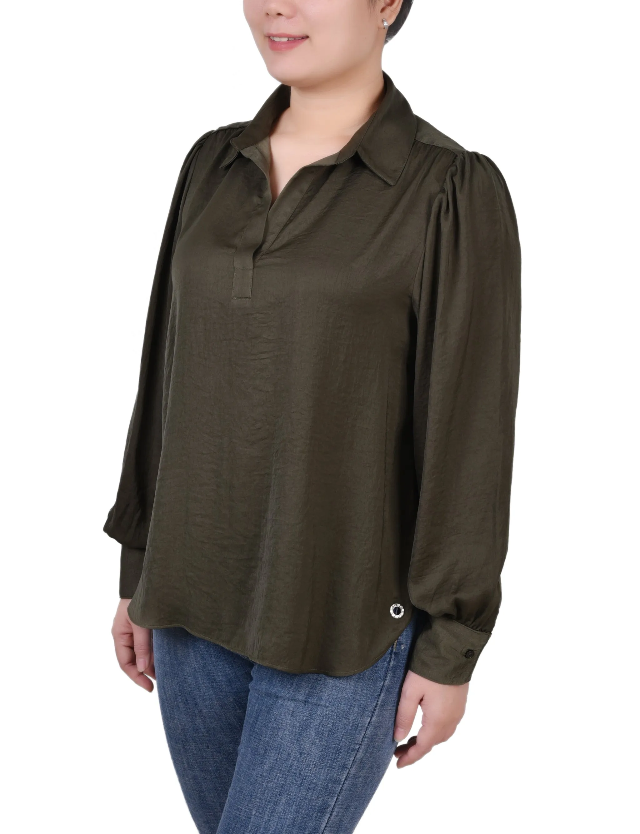 Long Puff Sleeve Satin Blouse