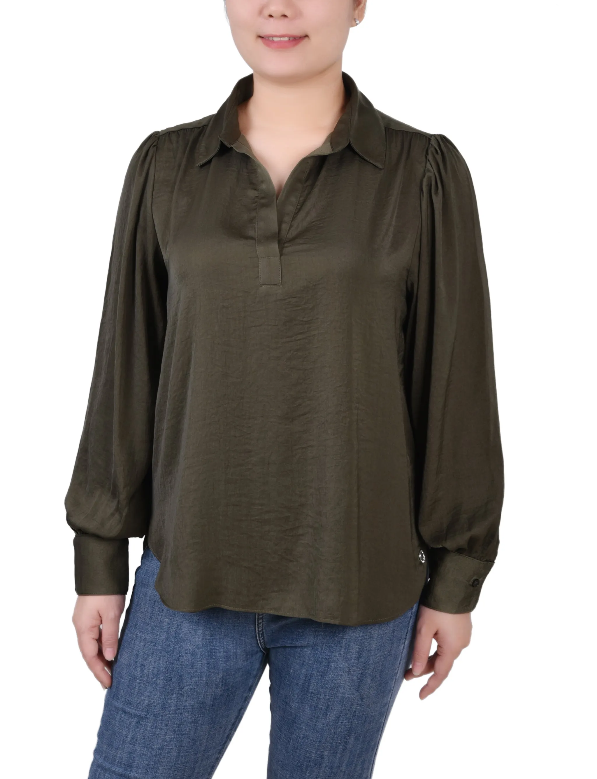 Long Puff Sleeve Satin Blouse