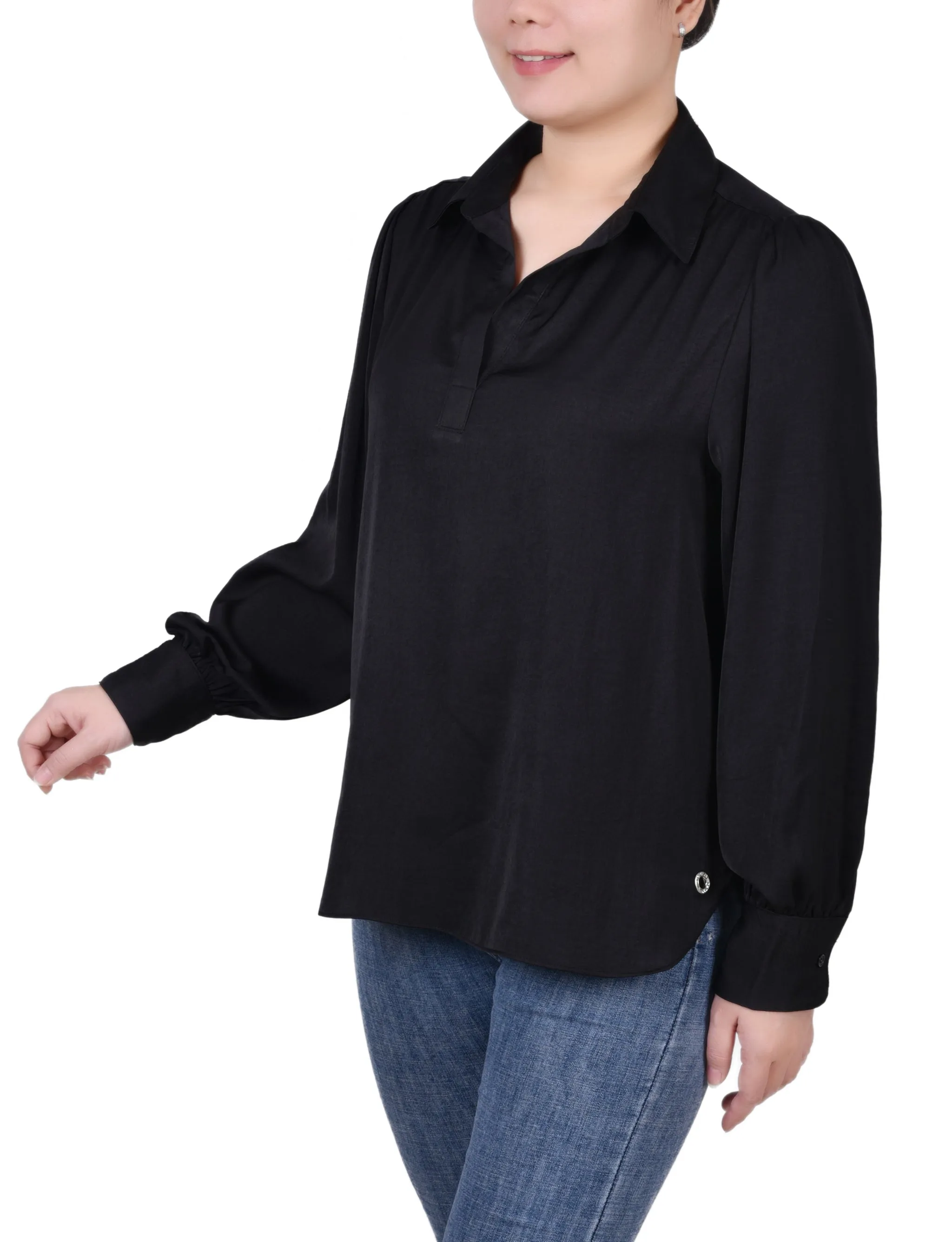 Long Puff Sleeve Satin Blouse
