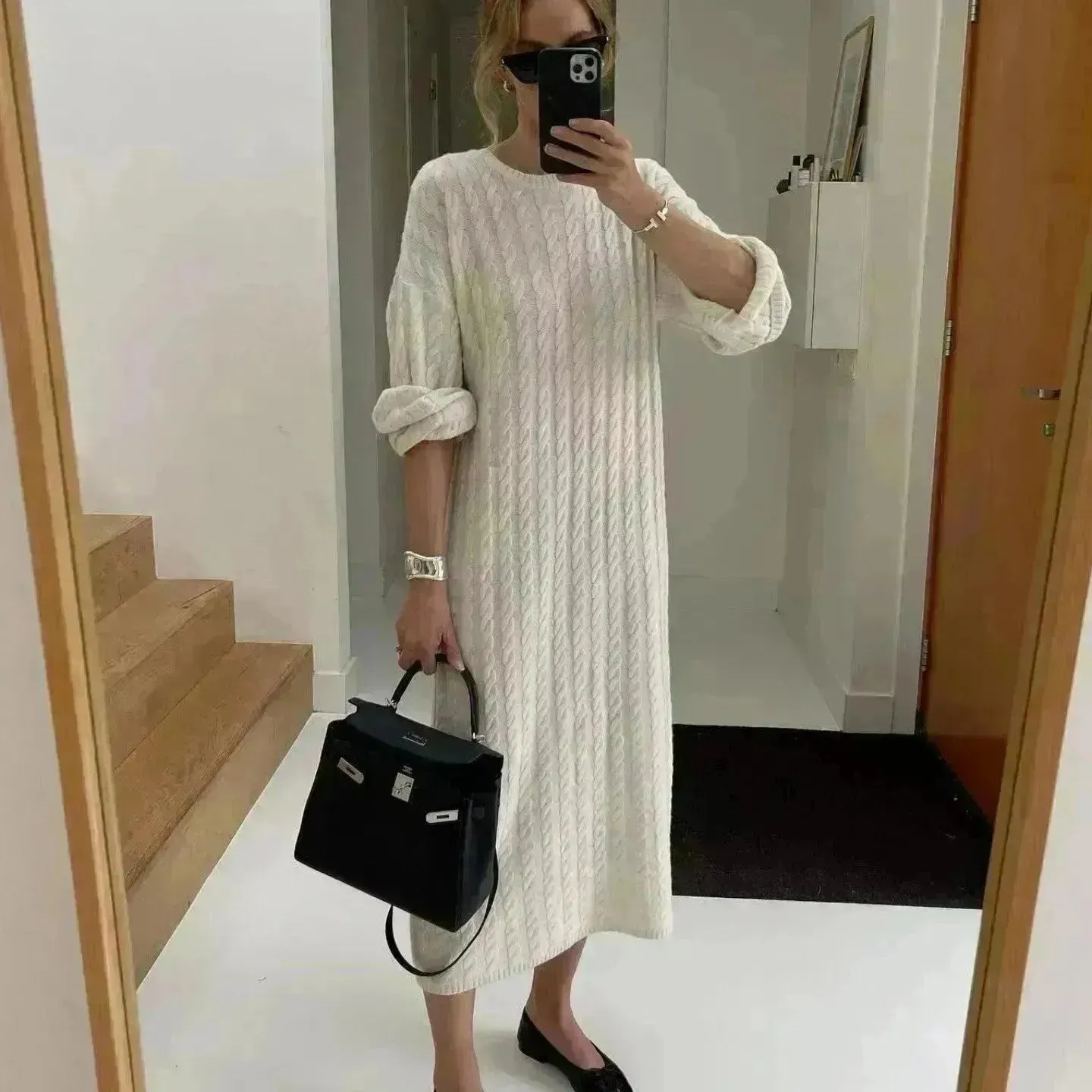 Loose Woolen Midi Twisted Knitted Thick Winter sweater Dress