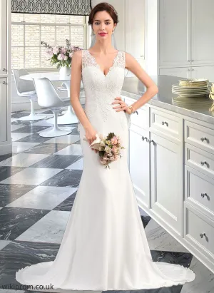 Mavis Trumpet/Mermaid V-neck Court Train Chiffon Wedding Dress SWKP0013788
