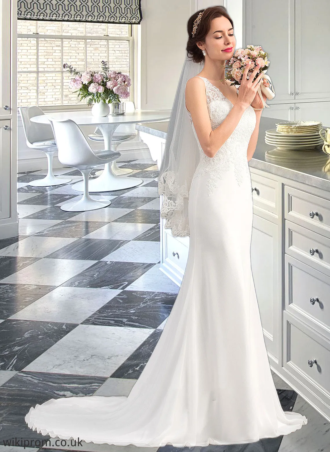 Mavis Trumpet/Mermaid V-neck Court Train Chiffon Wedding Dress SWKP0013788