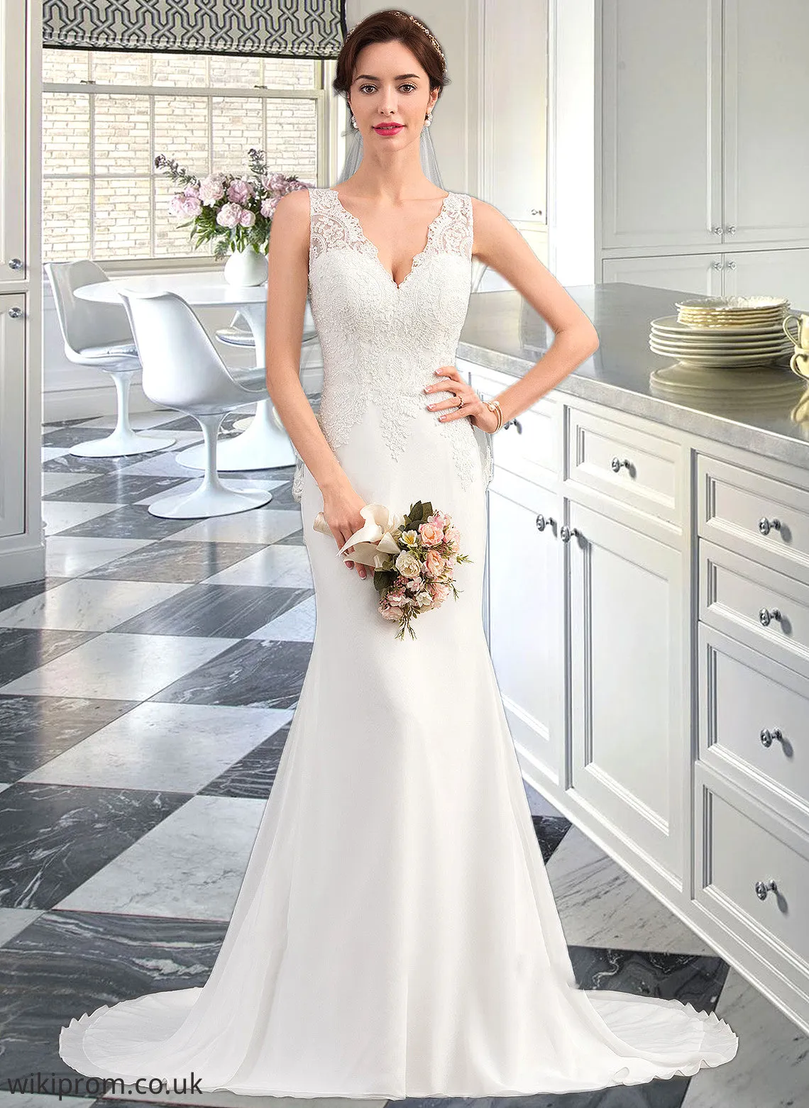 Mavis Trumpet/Mermaid V-neck Court Train Chiffon Wedding Dress SWKP0013788