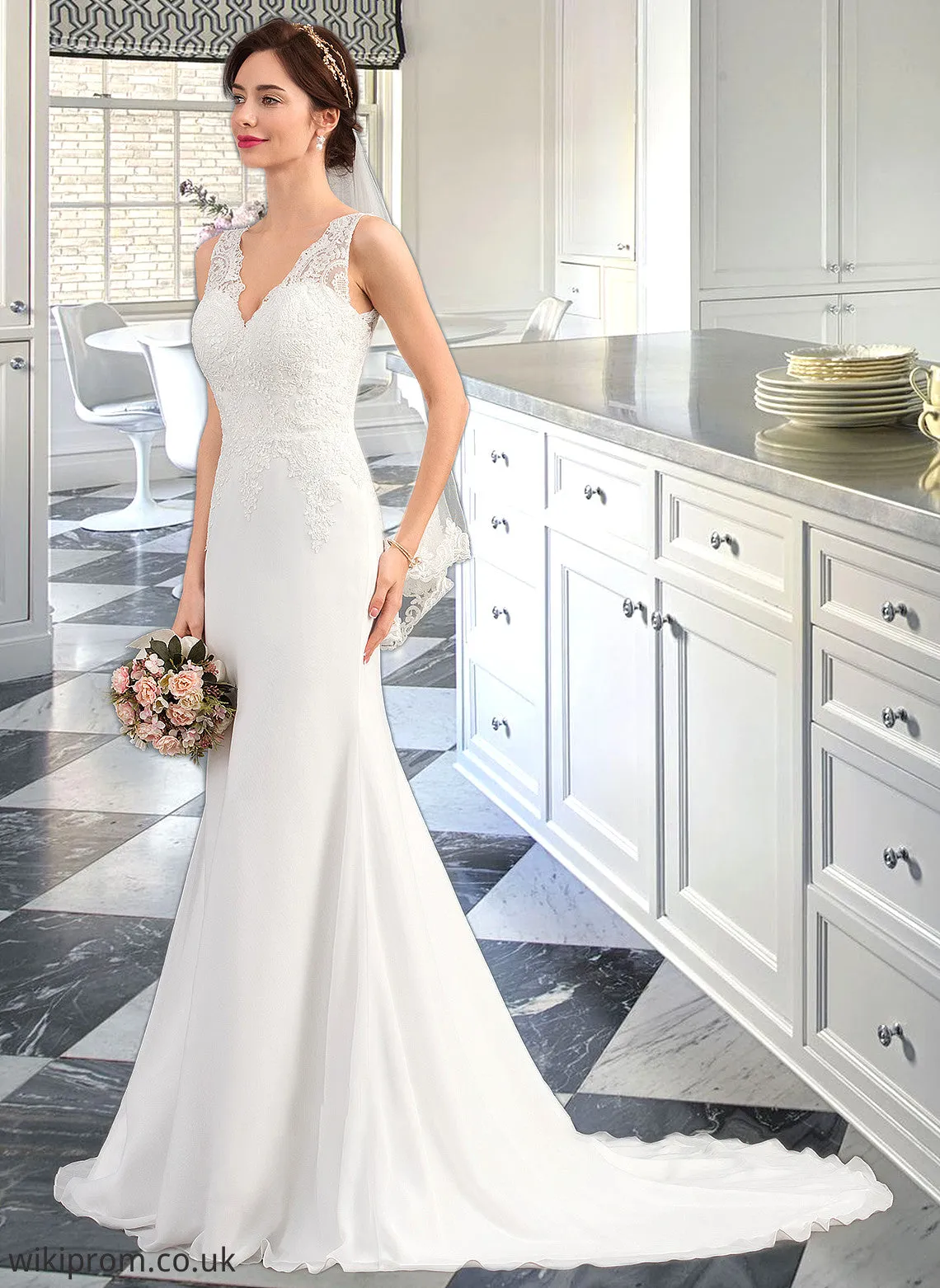 Mavis Trumpet/Mermaid V-neck Court Train Chiffon Wedding Dress SWKP0013788