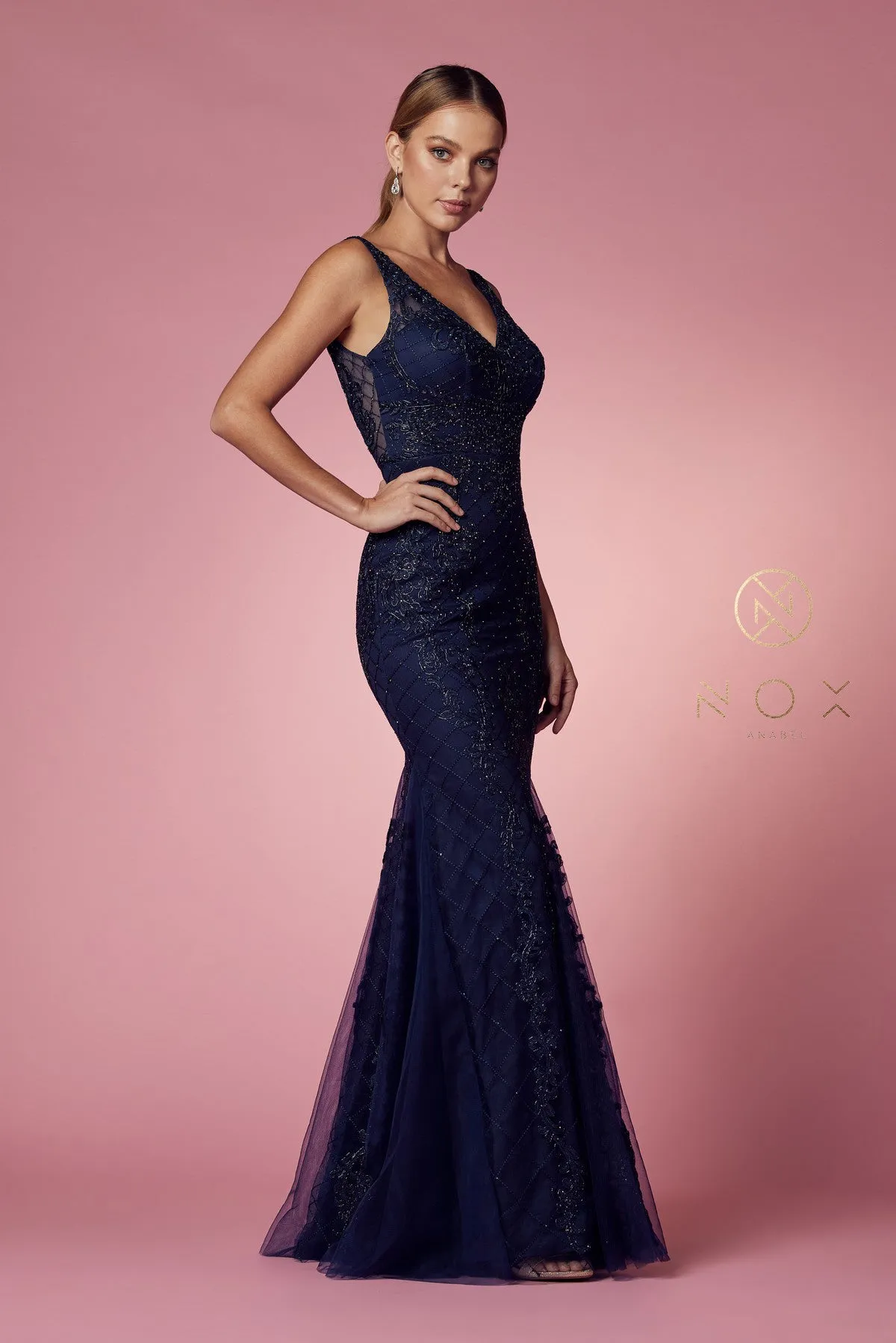Nox Anabel A398 Size 4 Long Embellished Lace Formal Evening Gown Prom Dress Wedding Guest