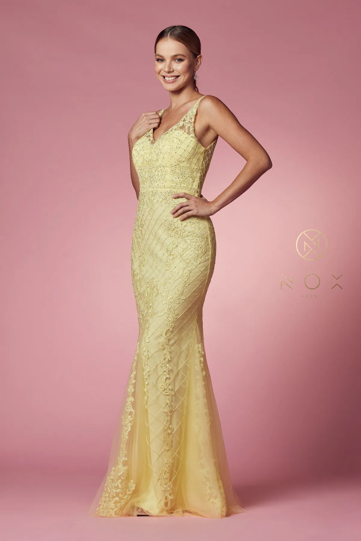 Nox Anabel A398 Size 4 Long Embellished Lace Formal Evening Gown Prom Dress Wedding Guest