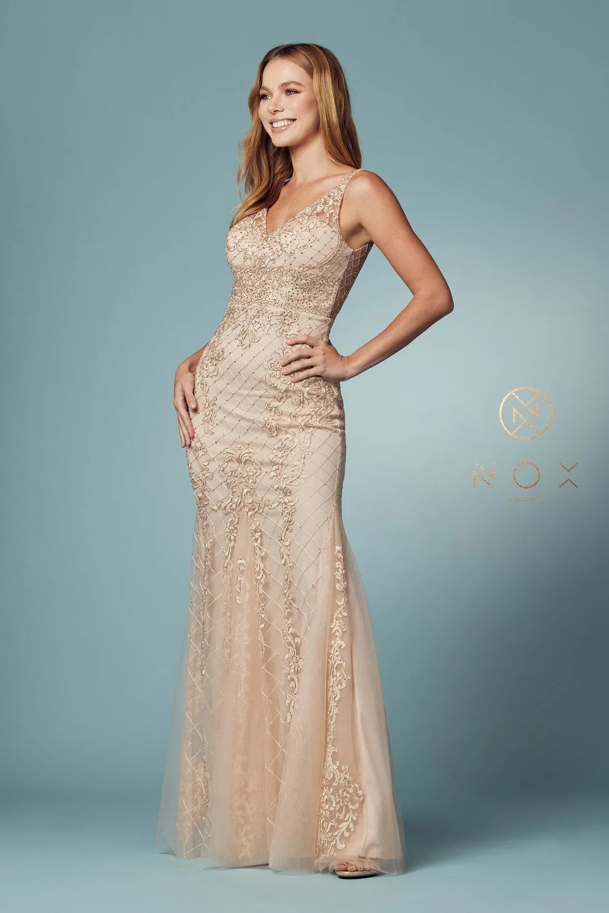 Nox Anabel A398 Size 4 Long Embellished Lace Formal Evening Gown Prom Dress Wedding Guest