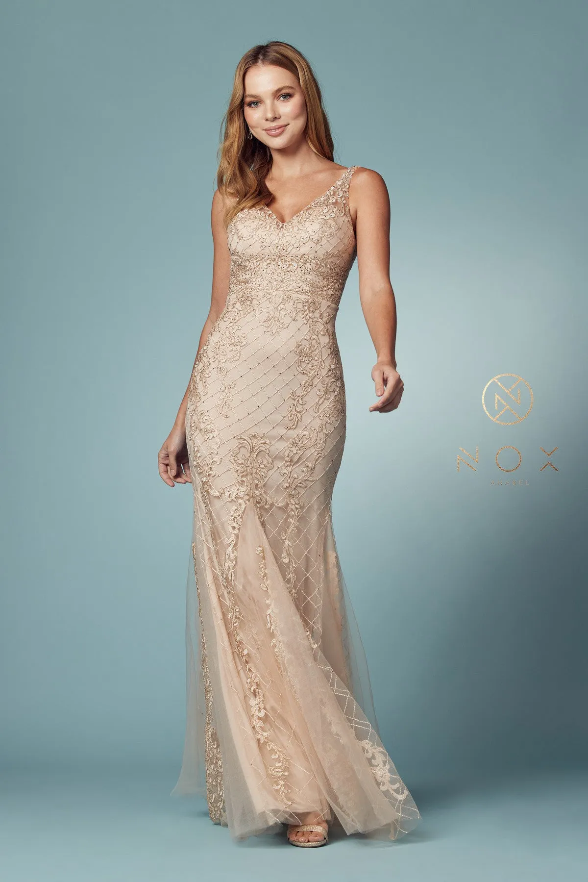 Nox Anabel A398 Size 4 Long Embellished Lace Formal Evening Gown Prom Dress Wedding Guest
