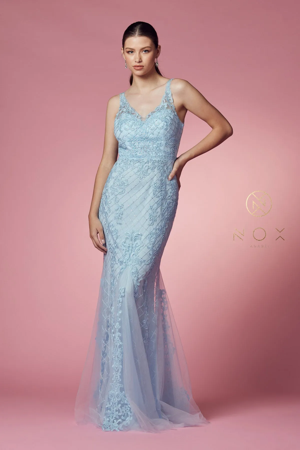 Nox Anabel A398 Size 4 Long Embellished Lace Formal Evening Gown Prom Dress Wedding Guest