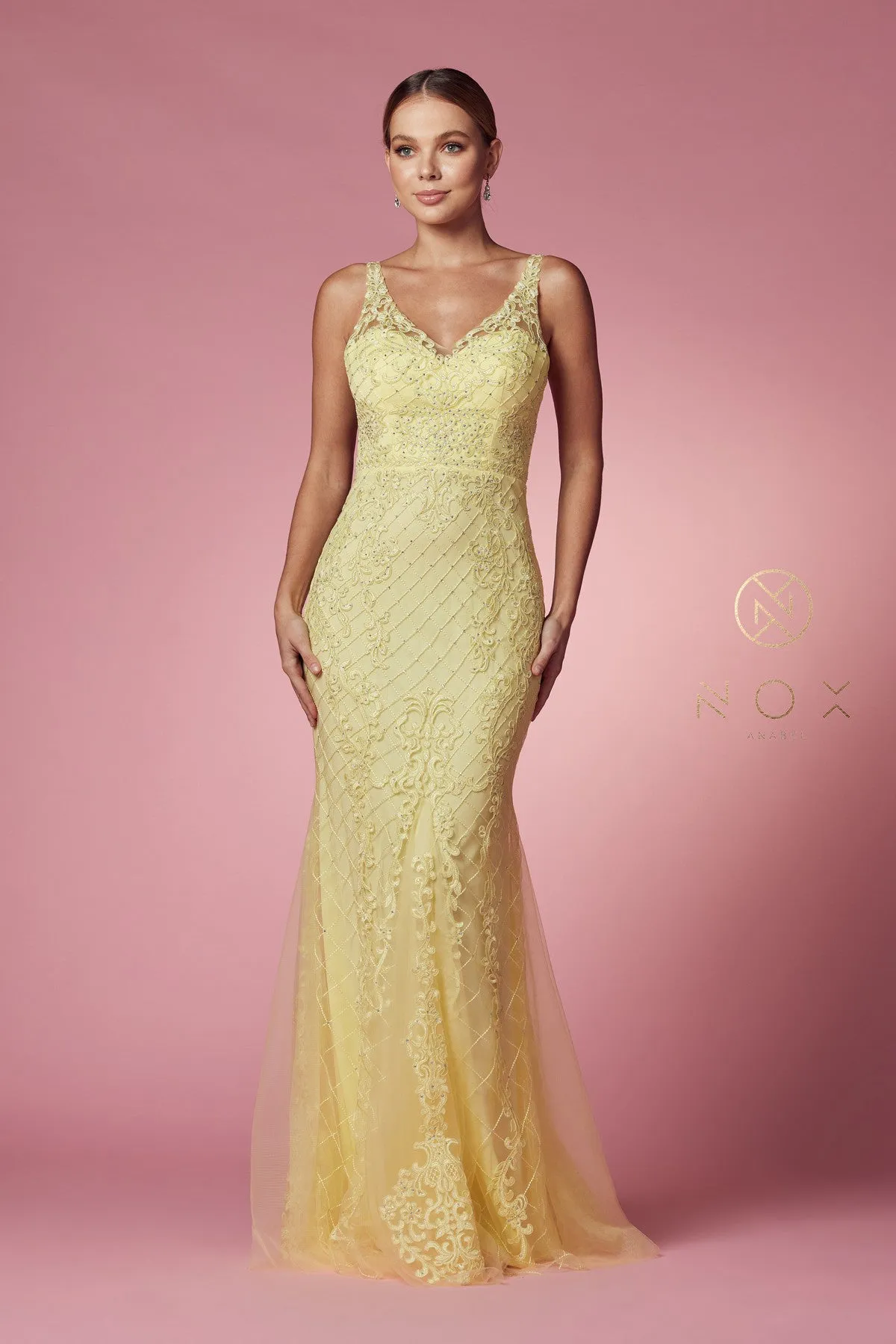 Nox Anabel A398 Size 4 Long Embellished Lace Formal Evening Gown Prom Dress Wedding Guest