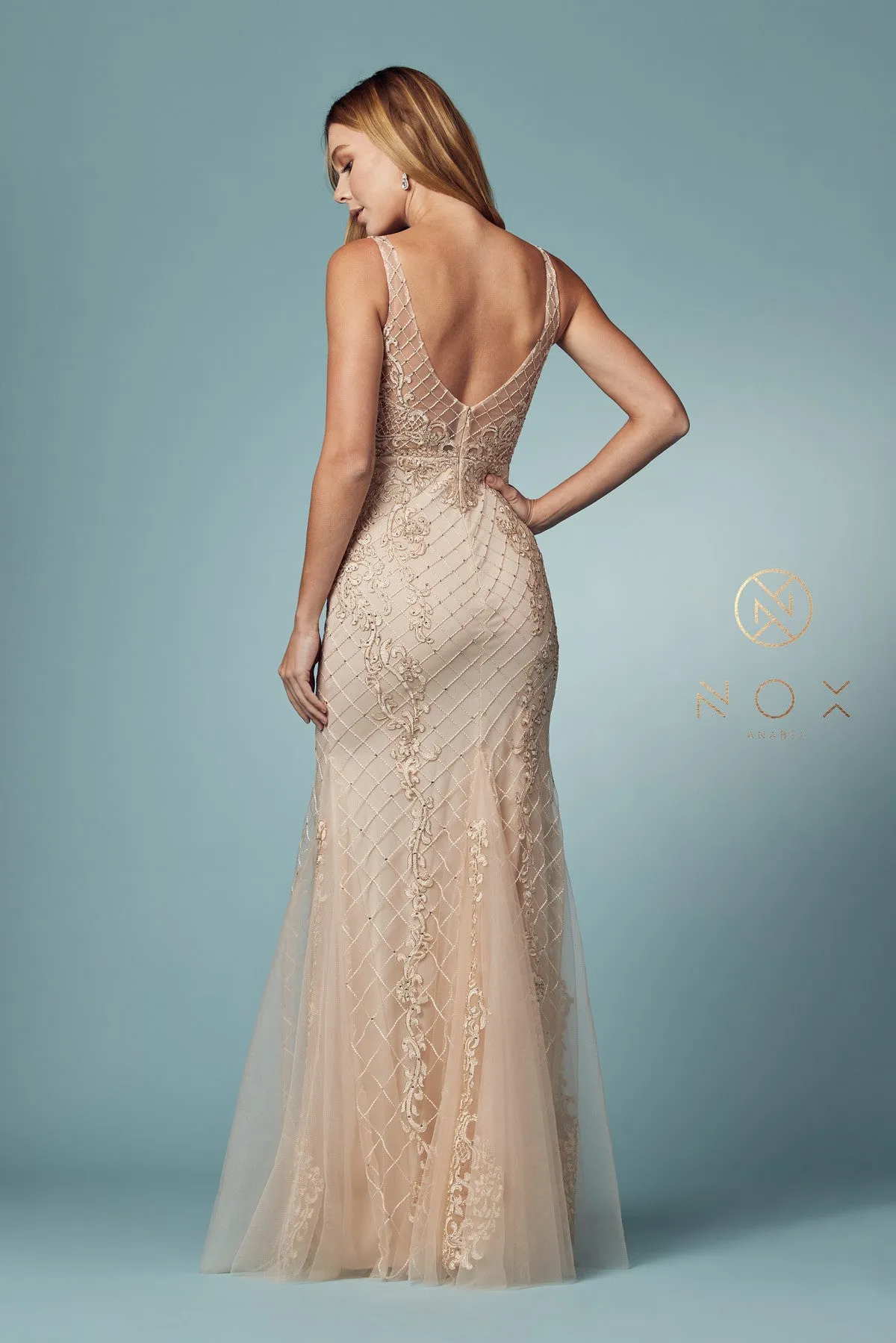 Nox Anabel A398 Size 4 Long Embellished Lace Formal Evening Gown Prom Dress Wedding Guest
