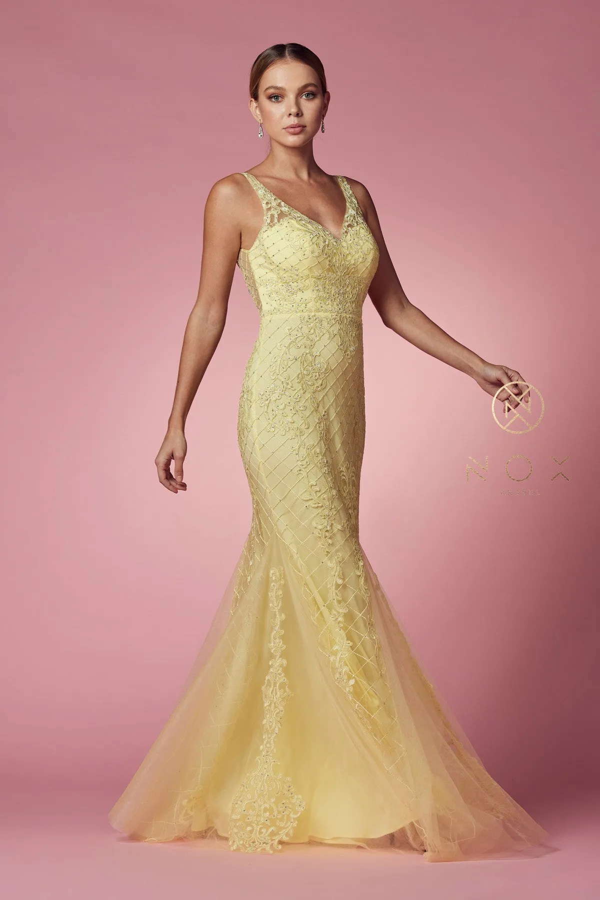 Nox Anabel A398 Size 4 Long Embellished Lace Formal Evening Gown Prom Dress Wedding Guest