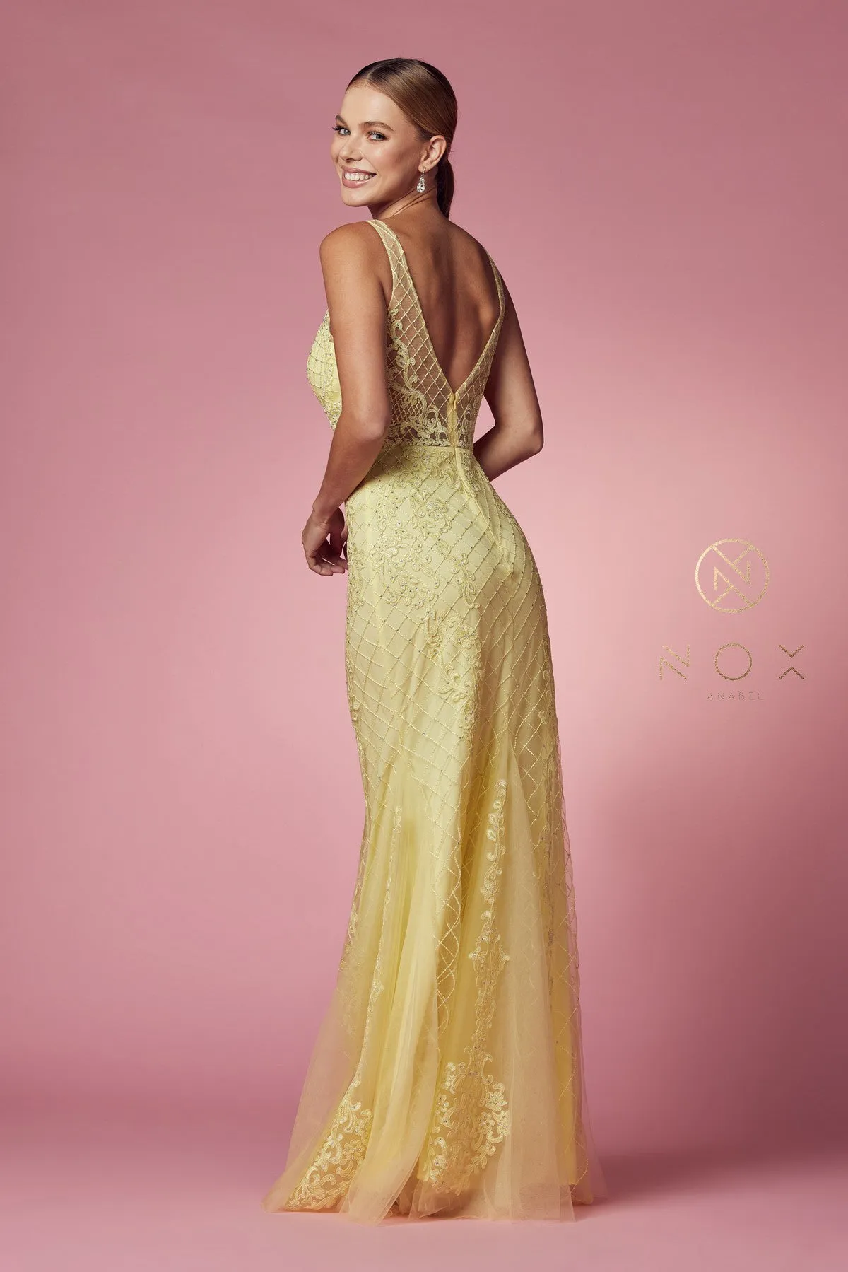 Nox Anabel A398 Size 4 Long Embellished Lace Formal Evening Gown Prom Dress Wedding Guest