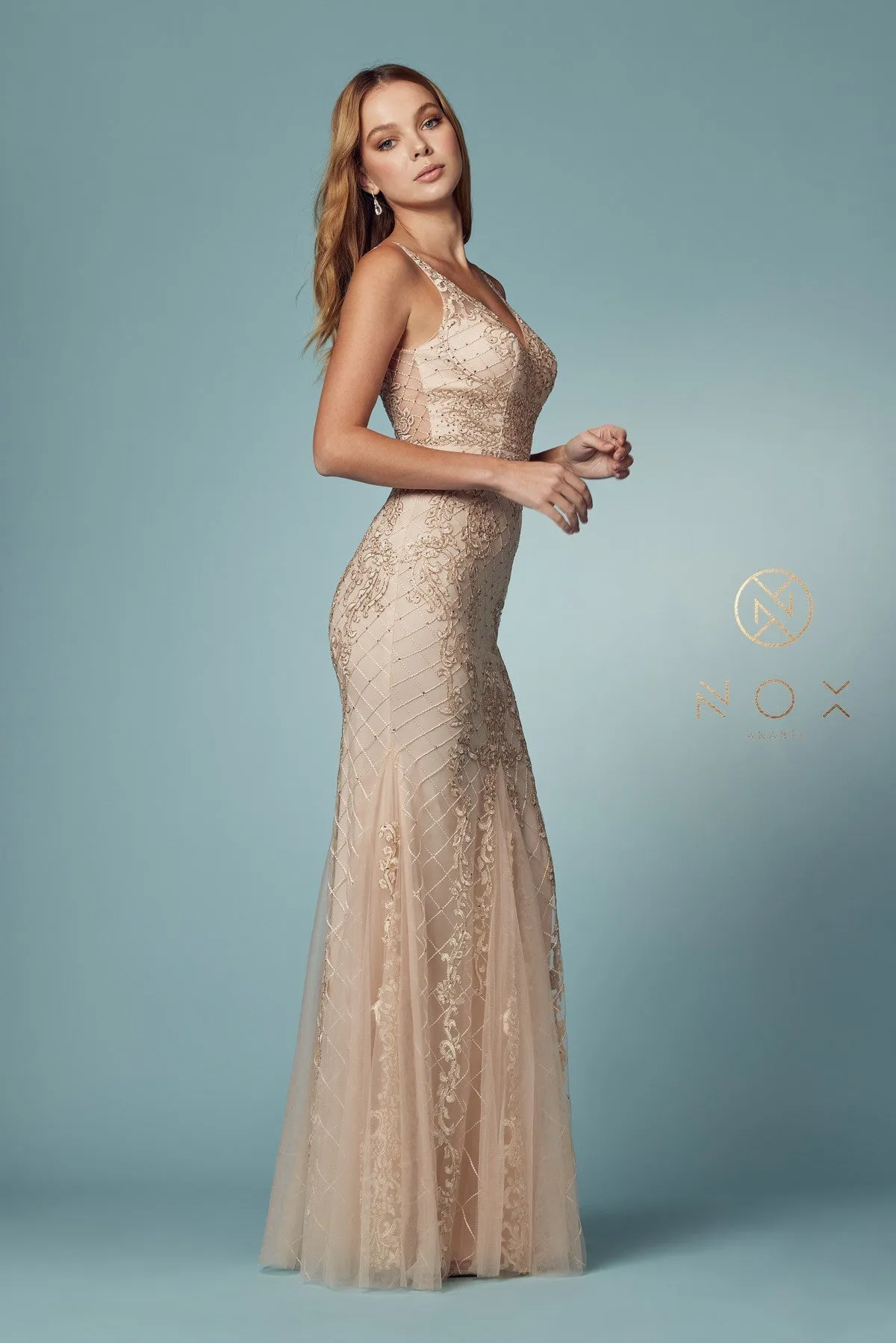 Nox Anabel A398 Size 4 Long Embellished Lace Formal Evening Gown Prom Dress Wedding Guest