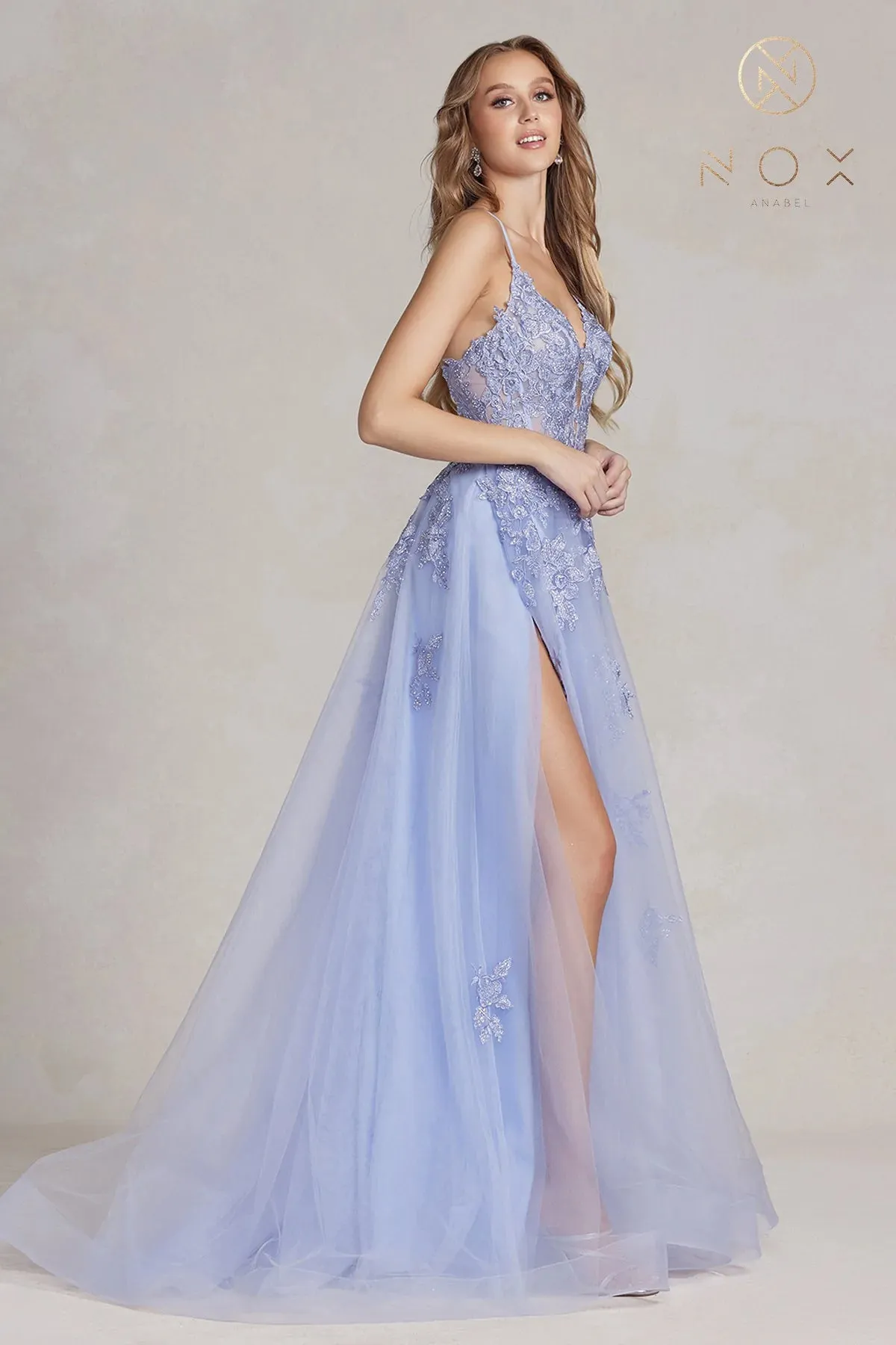 Nox Anabel G1149 Size 12 Mauve A Line Sheer Lace Maxi Slit Prom Dress Backless Corset Formal Gown