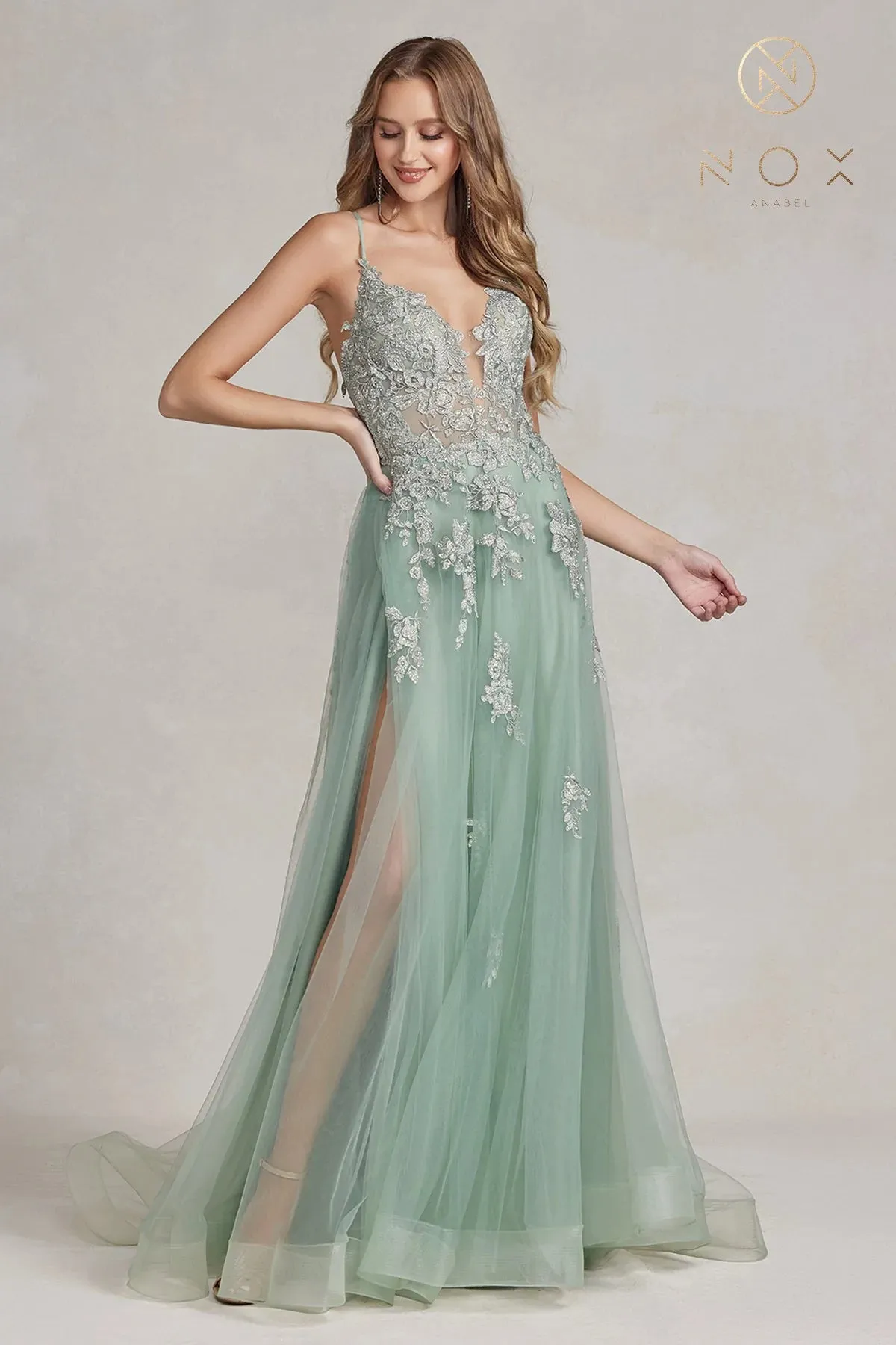Nox Anabel G1149 Size 12 Mauve A Line Sheer Lace Maxi Slit Prom Dress Backless Corset Formal Gown