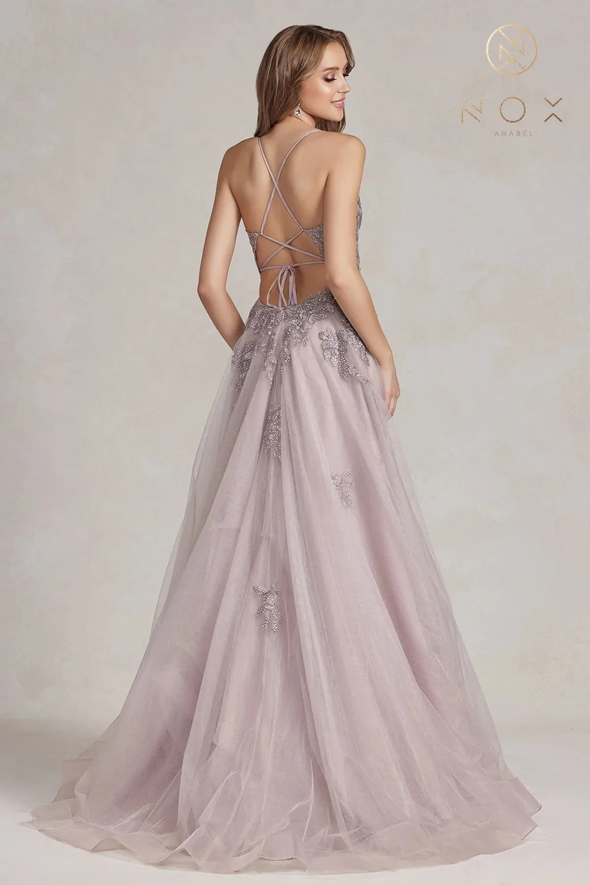Nox Anabel G1149 Size 12 Mauve A Line Sheer Lace Maxi Slit Prom Dress Backless Corset Formal Gown