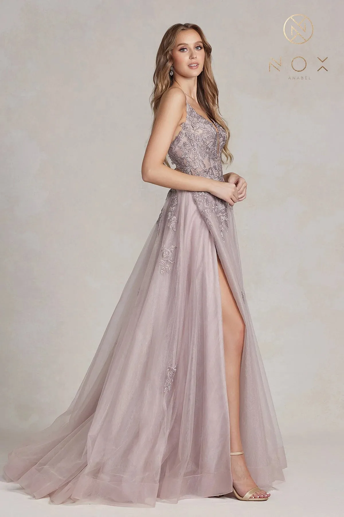 Nox Anabel G1149 Size 12 Mauve A Line Sheer Lace Maxi Slit Prom Dress Backless Corset Formal Gown