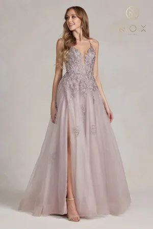 Nox Anabel G1149 Size 12 Mauve A Line Sheer Lace Maxi Slit Prom Dress Backless Corset Formal Gown