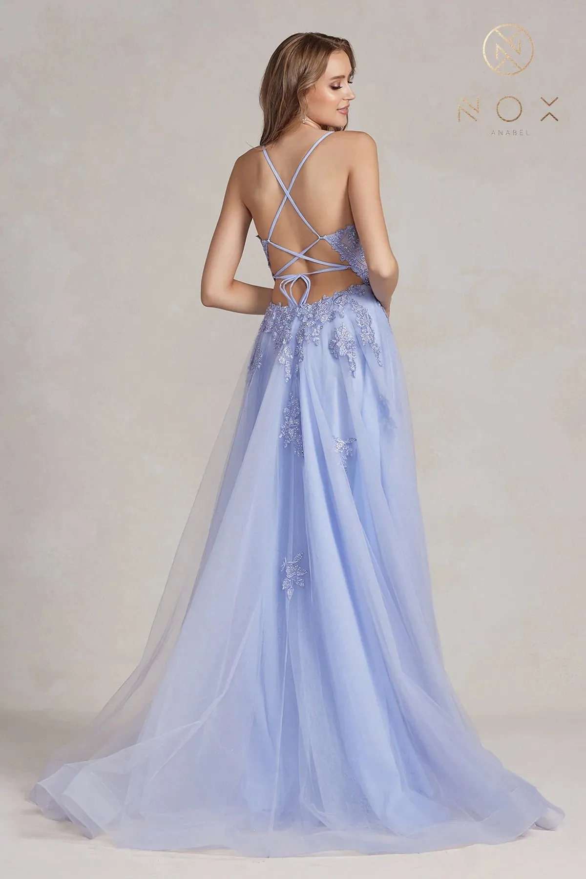 Nox Anabel G1149 Size 12 Mauve A Line Sheer Lace Maxi Slit Prom Dress Backless Corset Formal Gown