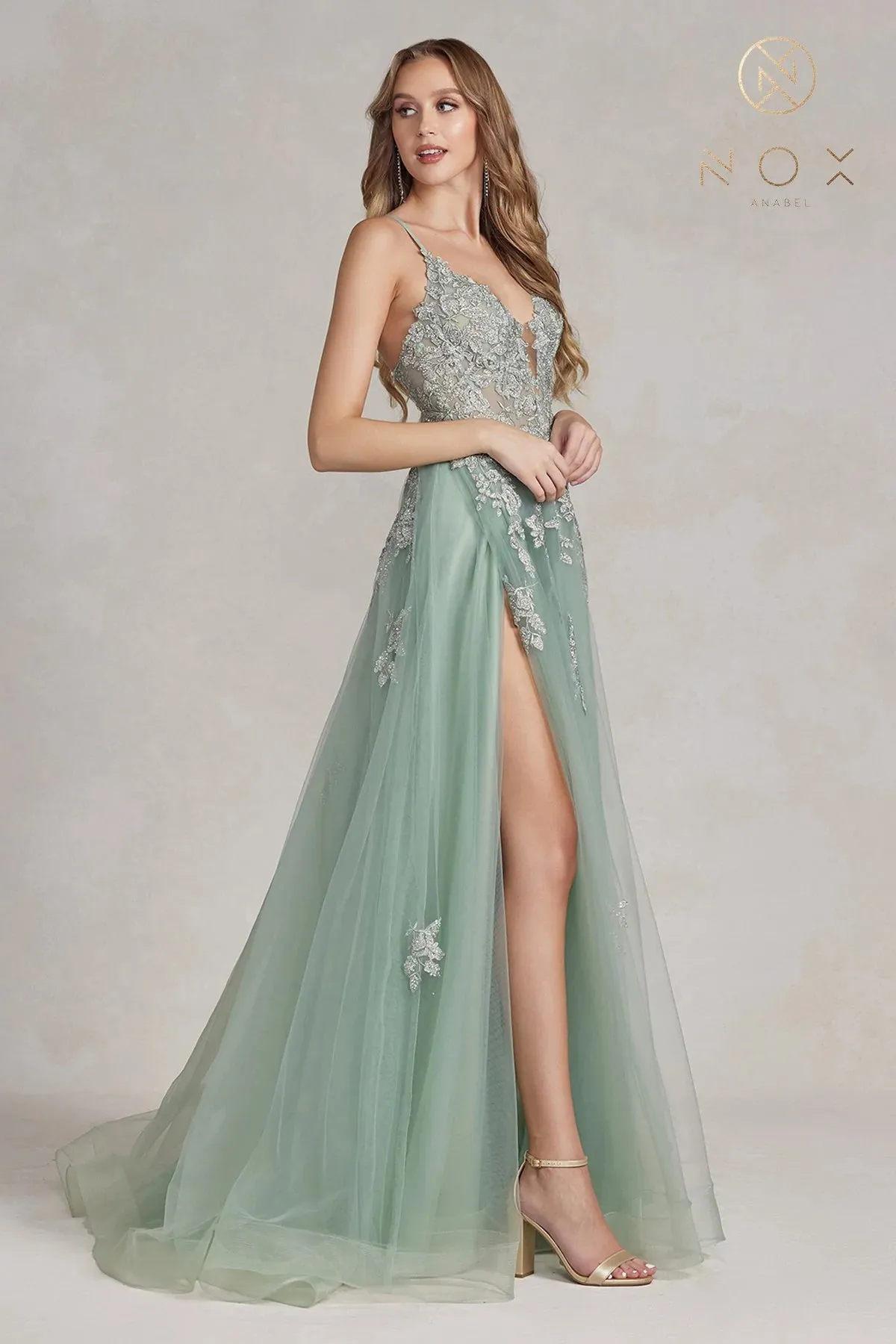 Nox Anabel G1149 Size 12 Mauve A Line Sheer Lace Maxi Slit Prom Dress Backless Corset Formal Gown