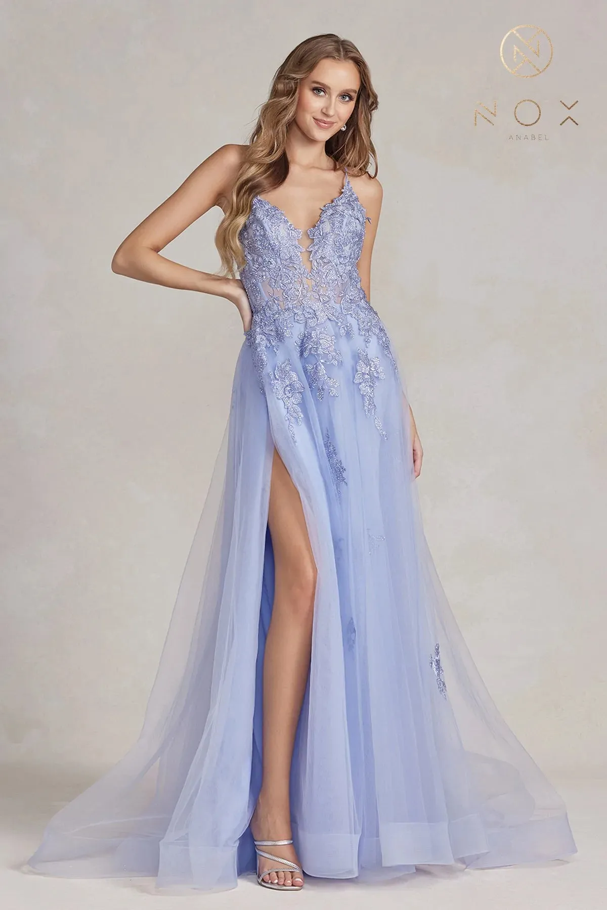 Nox Anabel G1149 Size 12 Mauve A Line Sheer Lace Maxi Slit Prom Dress Backless Corset Formal Gown