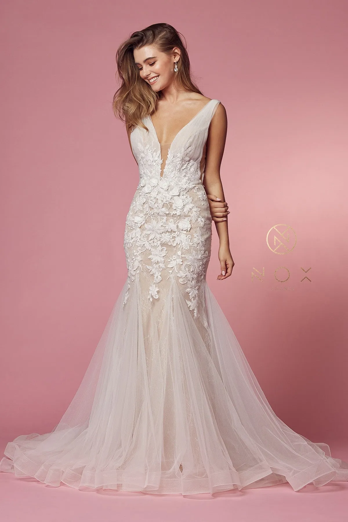 Nox Anabel JE917 Size 14 3D Floral Lace Mermaid Wedding Dress Bridal Gown Boho Train