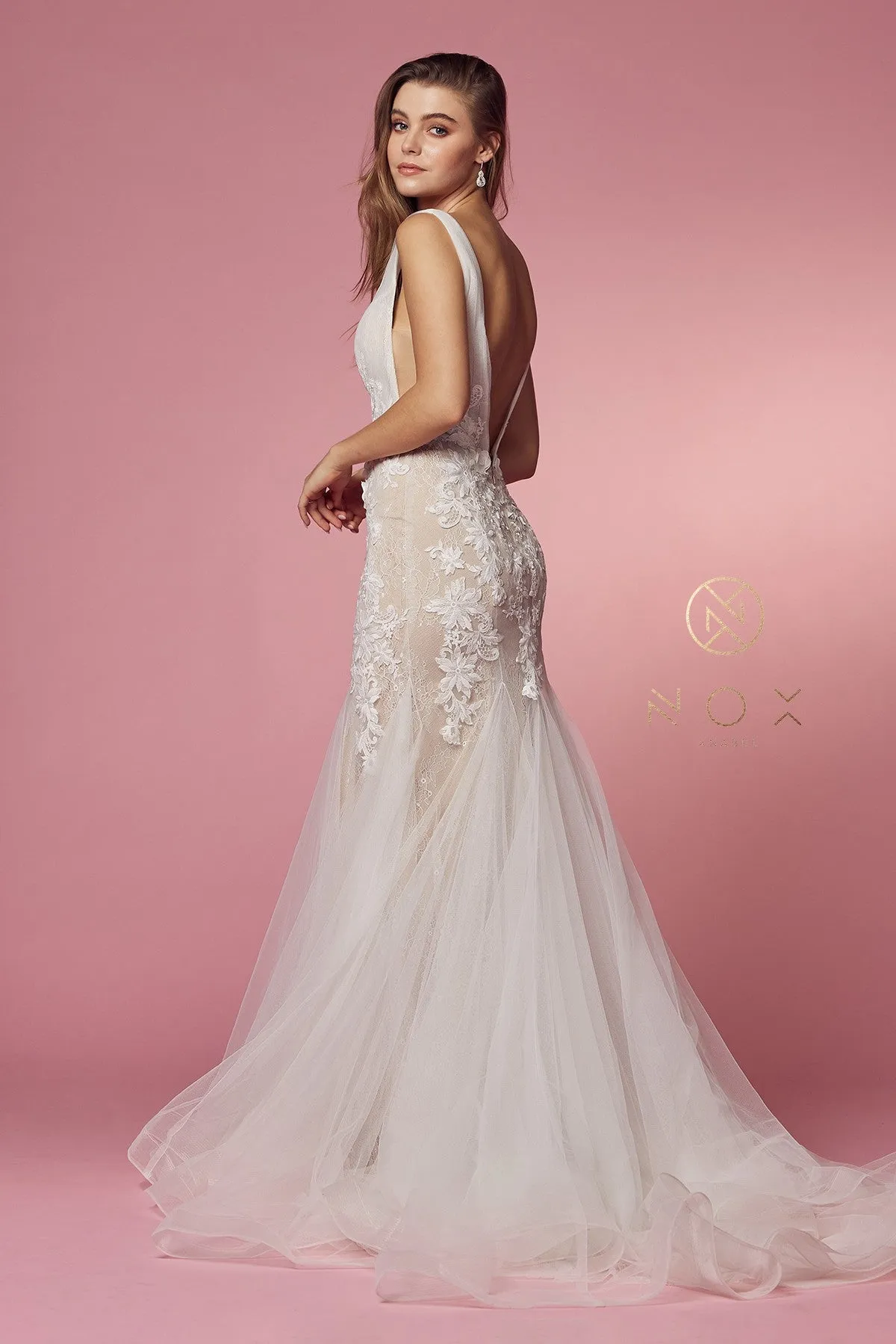 Nox Anabel JE917 Size 14 3D Floral Lace Mermaid Wedding Dress Bridal Gown Boho Train