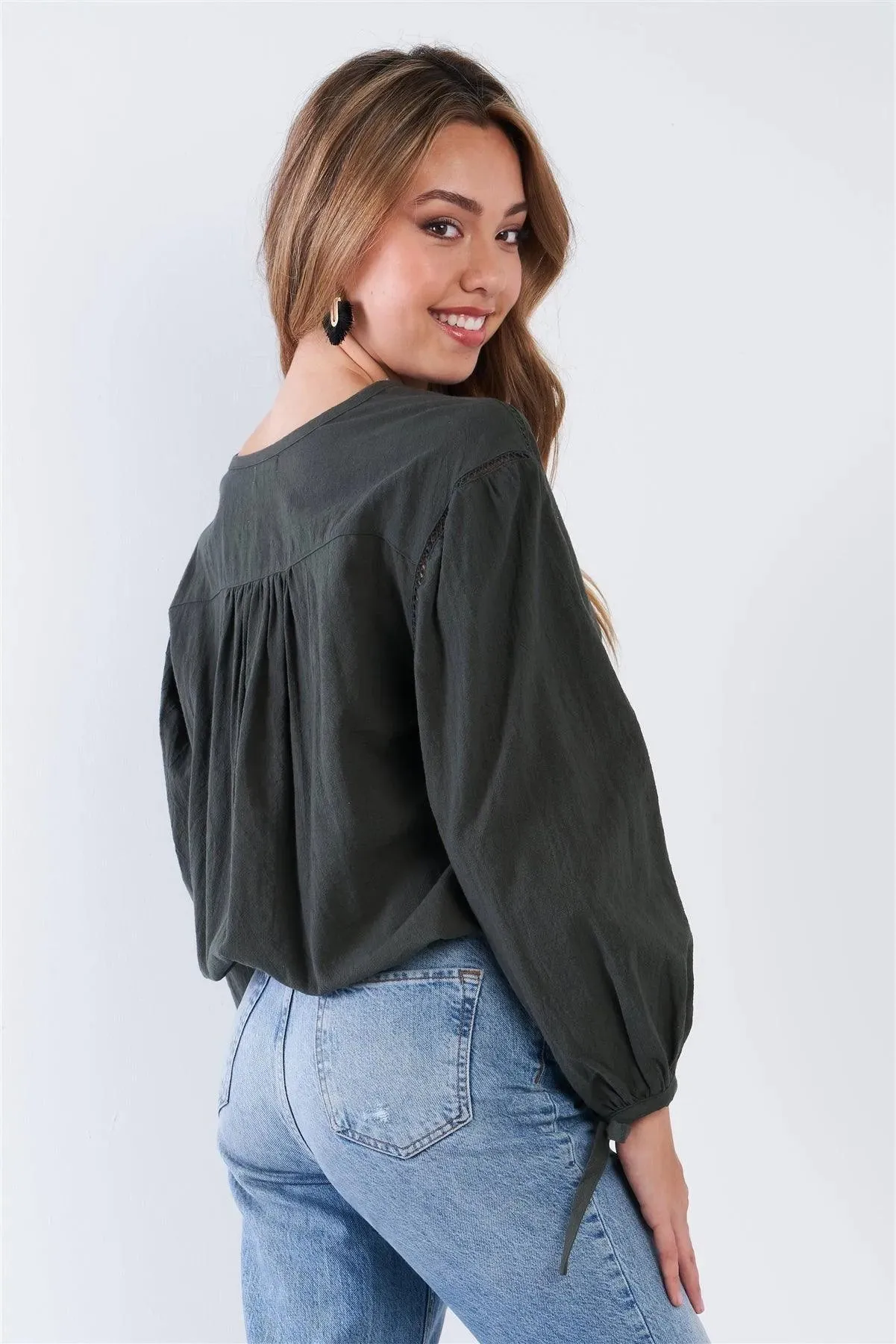 Olive Long Sleeve Crochet Detail Button Up Top