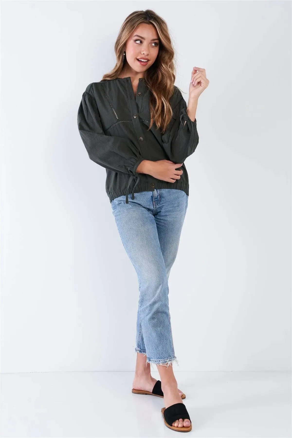 Olive Long Sleeve Crochet Detail Button Up Top