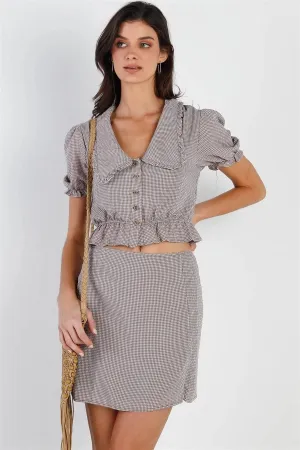 Plaid Textured Collared Puff Sleeve Top & Mini Skirt Set