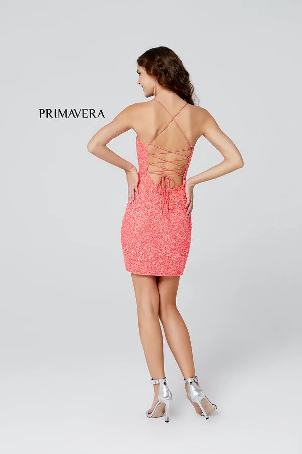 Primavera Couture 3351 Size 0, 6, 12 Yellow Cocktail Dress Short Fitted Sequin Backless Homecoming Dress