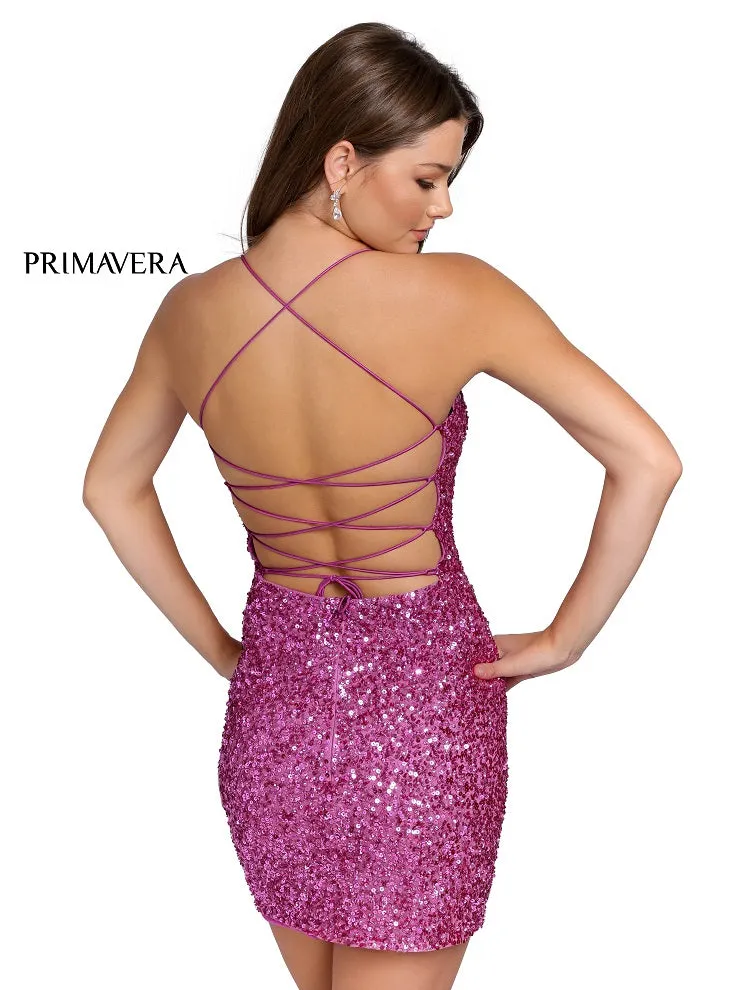 Primavera Couture 3351 Size 0, 6, 12 Yellow Cocktail Dress Short Fitted Sequin Backless Homecoming Dress