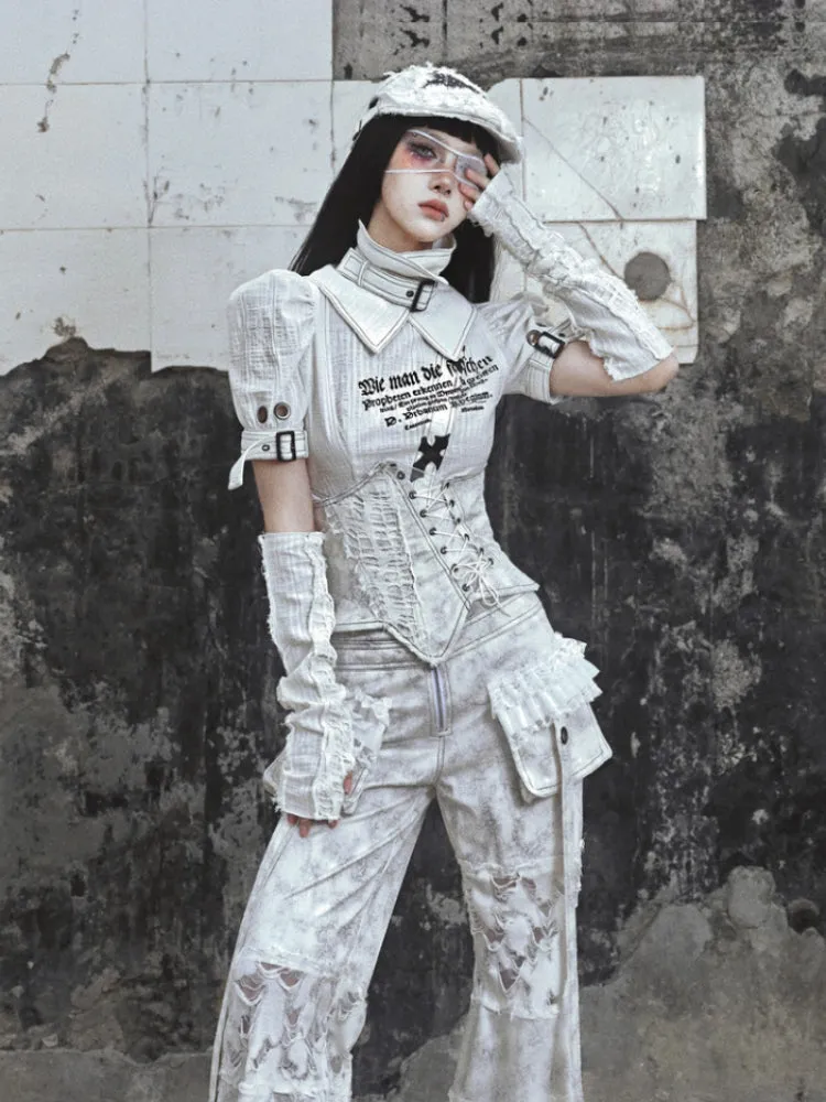 Punk Text Print Puff Sleeve Blouse with straps and ruffled waist detail