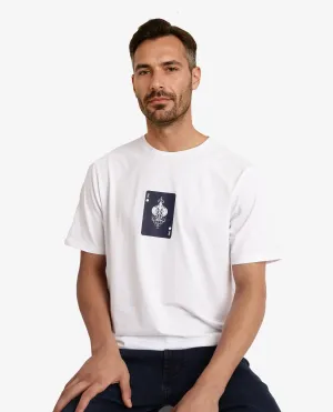 Rare Rabbit Men Caf White Cotton Lycra Fabric Short Sleeve Crew Neck Regular Fit Graphic Print T-Shirt