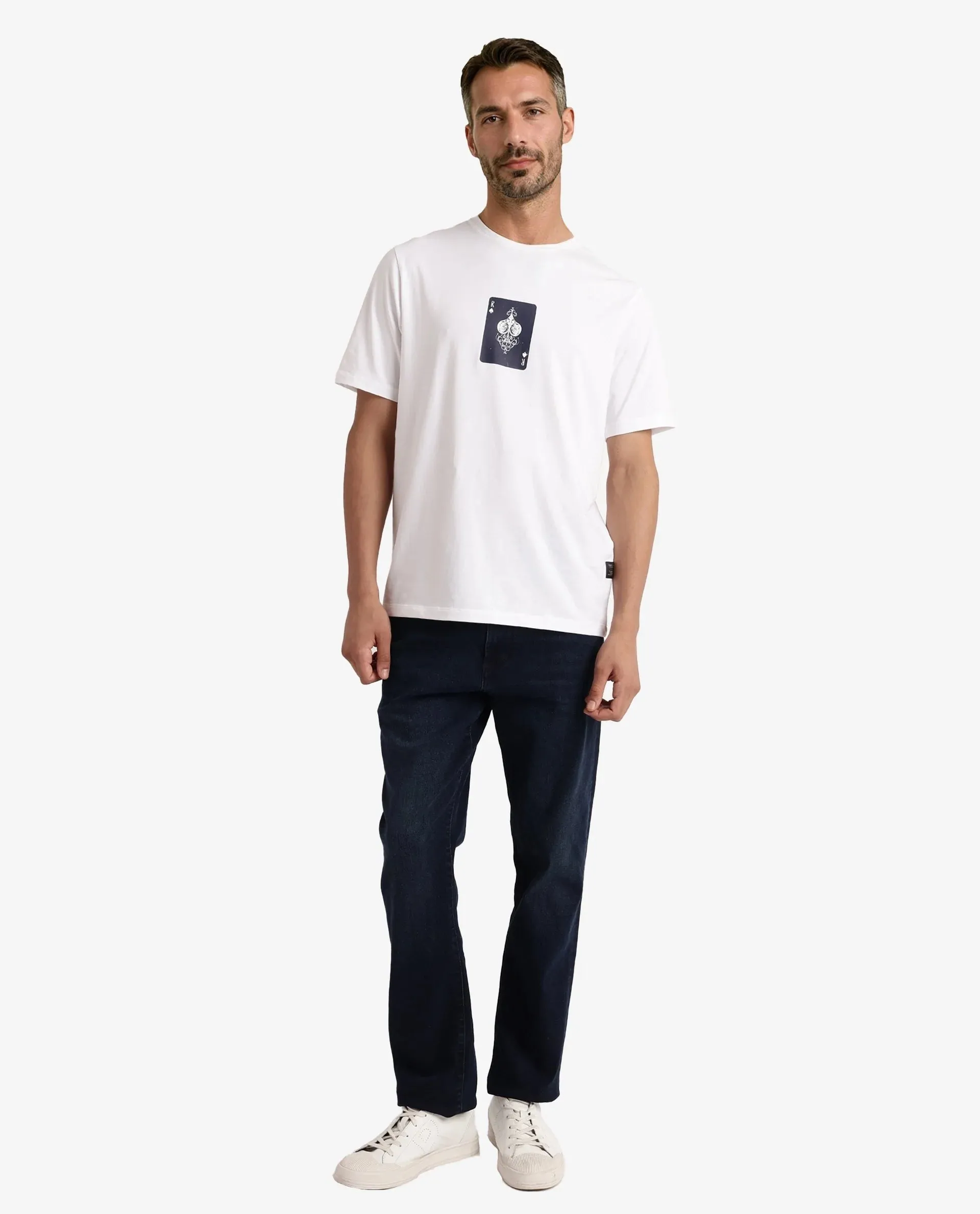 Rare Rabbit Men Caf White Cotton Lycra Fabric Short Sleeve Crew Neck Regular Fit Graphic Print T-Shirt