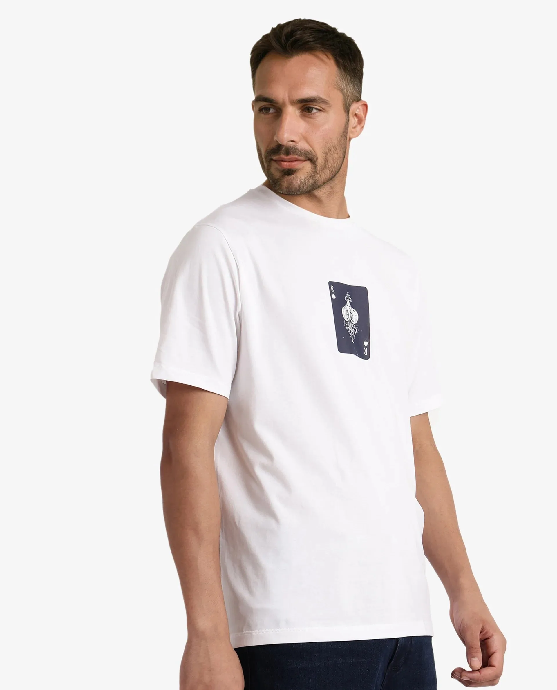 Rare Rabbit Men Caf White Cotton Lycra Fabric Short Sleeve Crew Neck Regular Fit Graphic Print T-Shirt