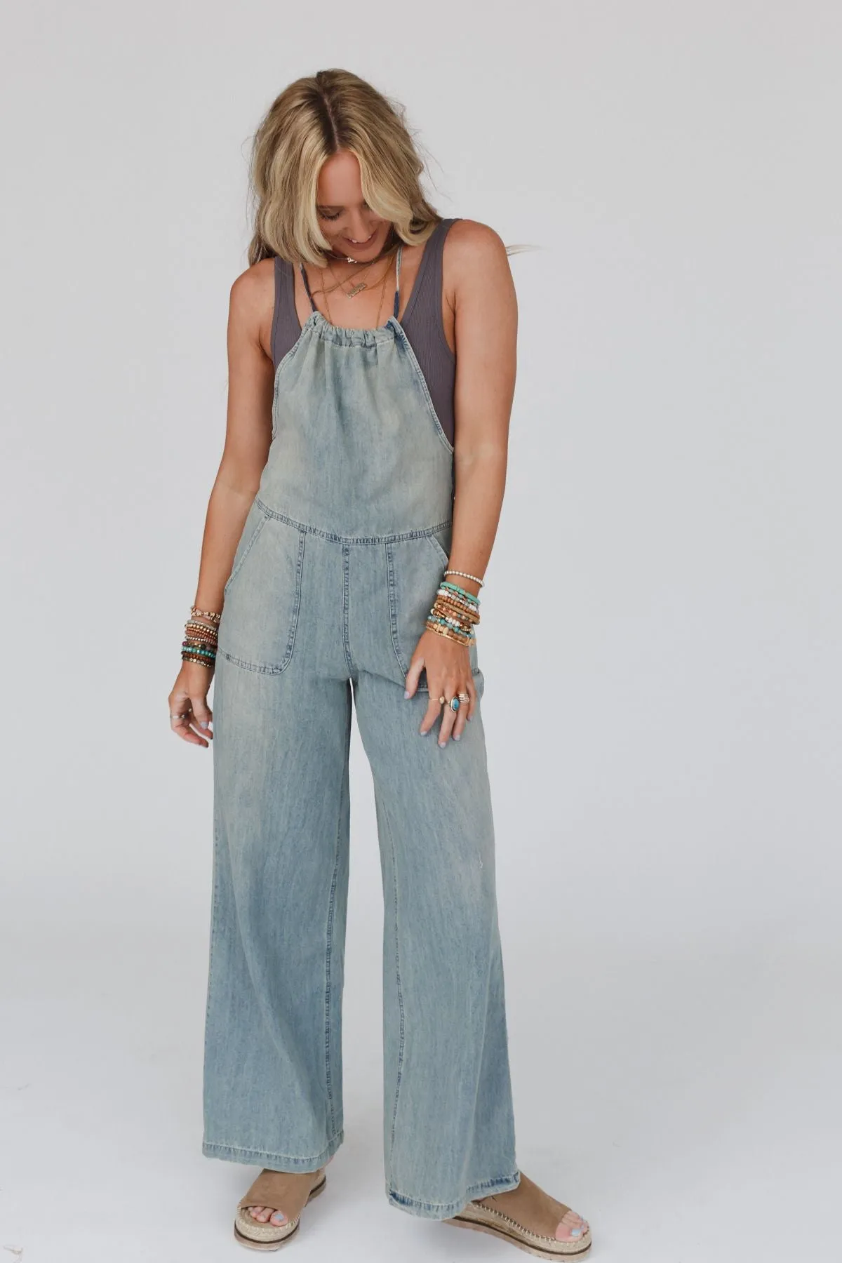 Rise And Shine Wide Leg Denim Jumpsuit - Denim