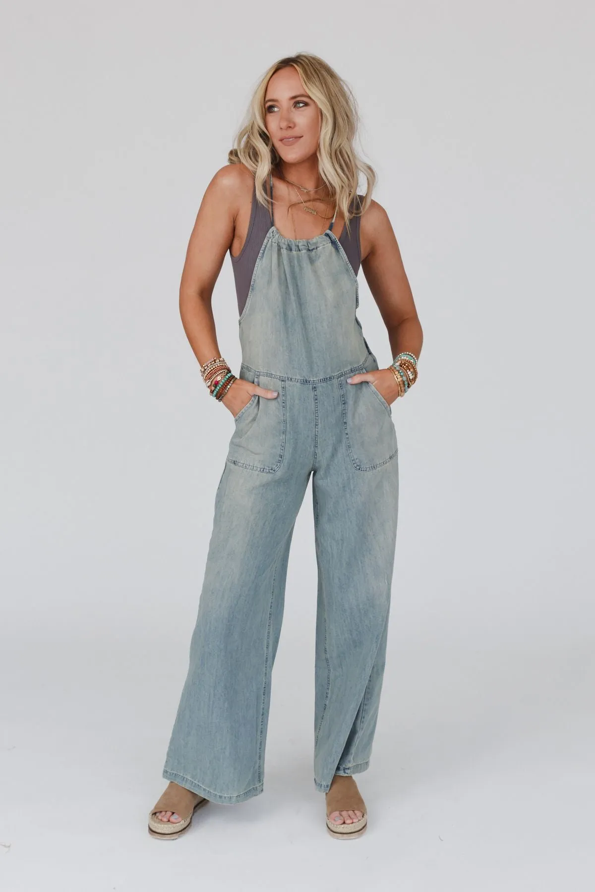 Rise And Shine Wide Leg Denim Jumpsuit - Denim