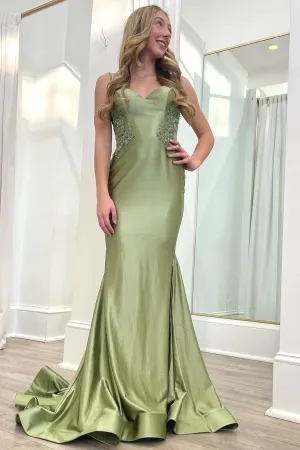 Sage Green Spaghetti Strap Backless Trumpet Long Gown