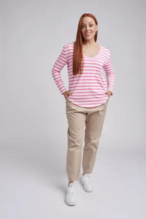 Scoop Neck Stripe Cotton Pocket Tee Pink/White