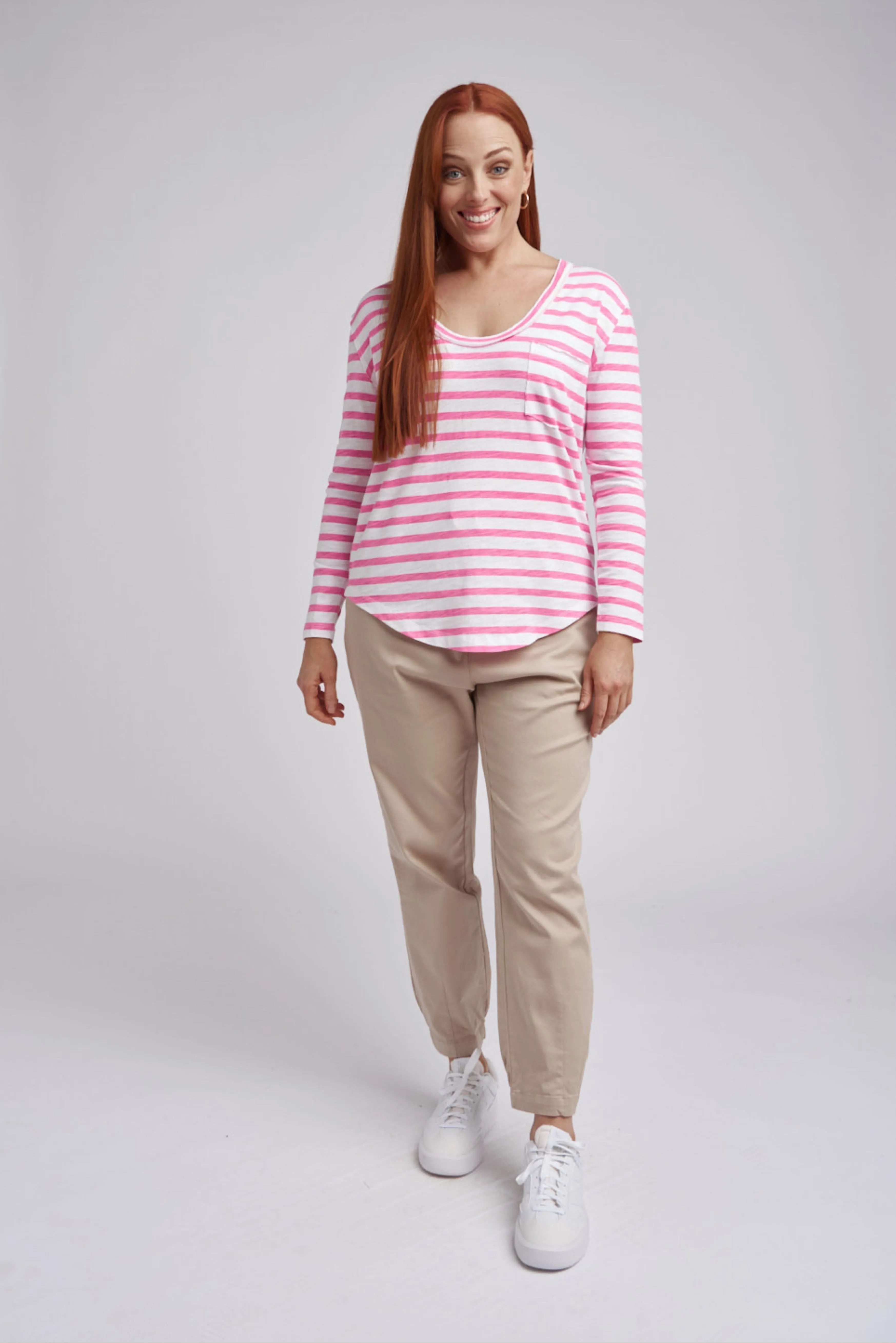 Scoop Neck Stripe Cotton Pocket Tee Pink/White