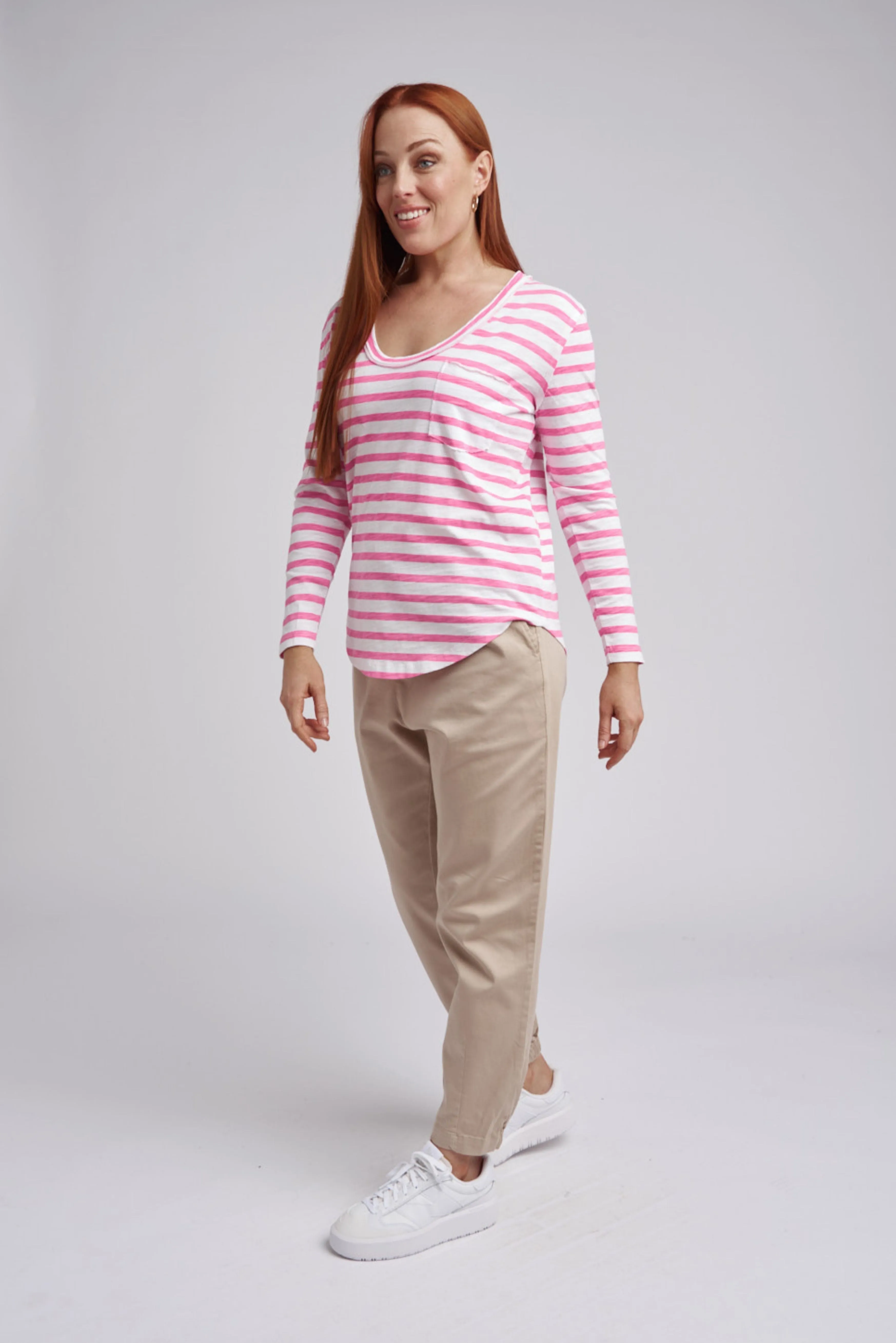 Scoop Neck Stripe Cotton Pocket Tee Pink/White