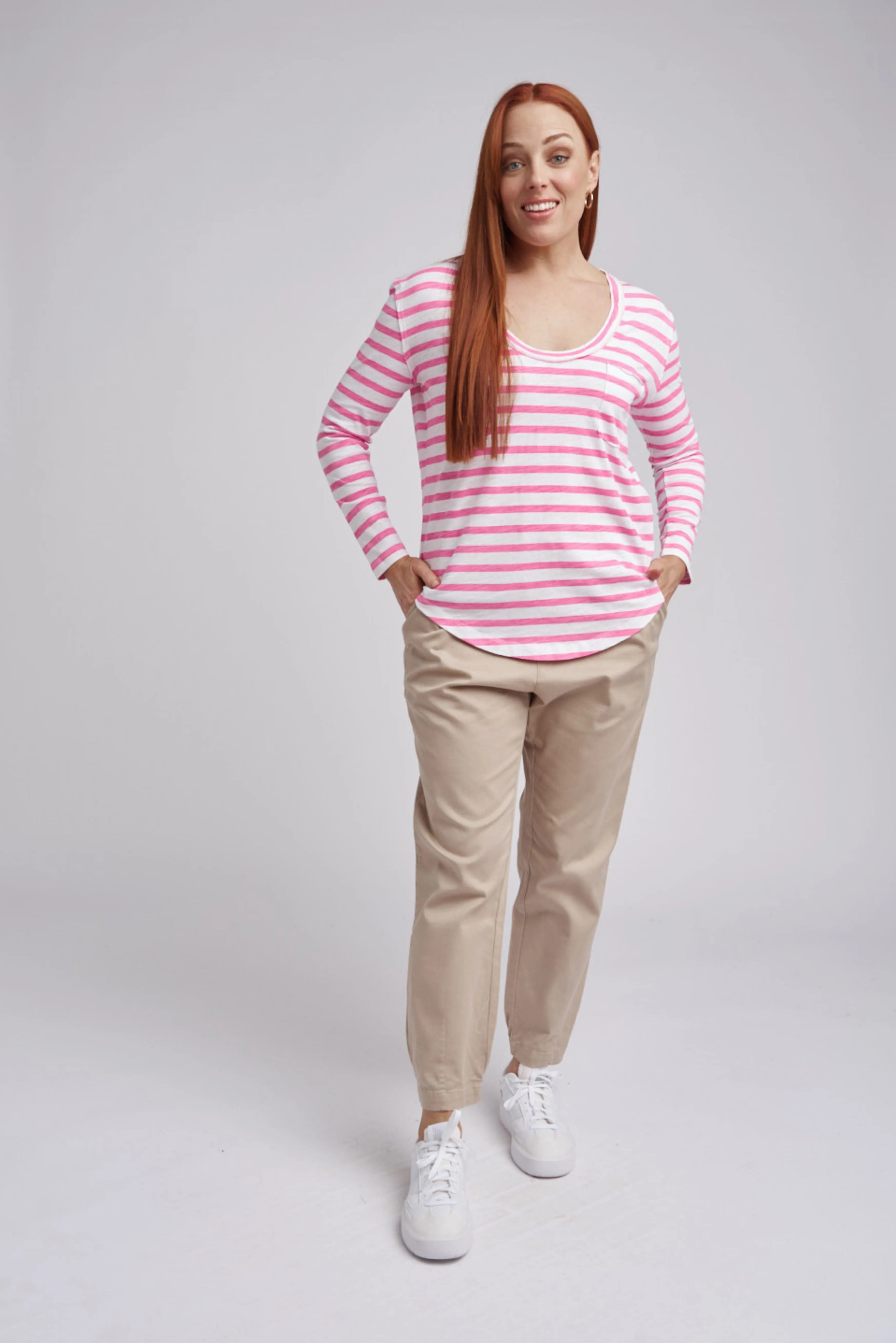 Scoop Neck Stripe Cotton Pocket Tee Pink/White