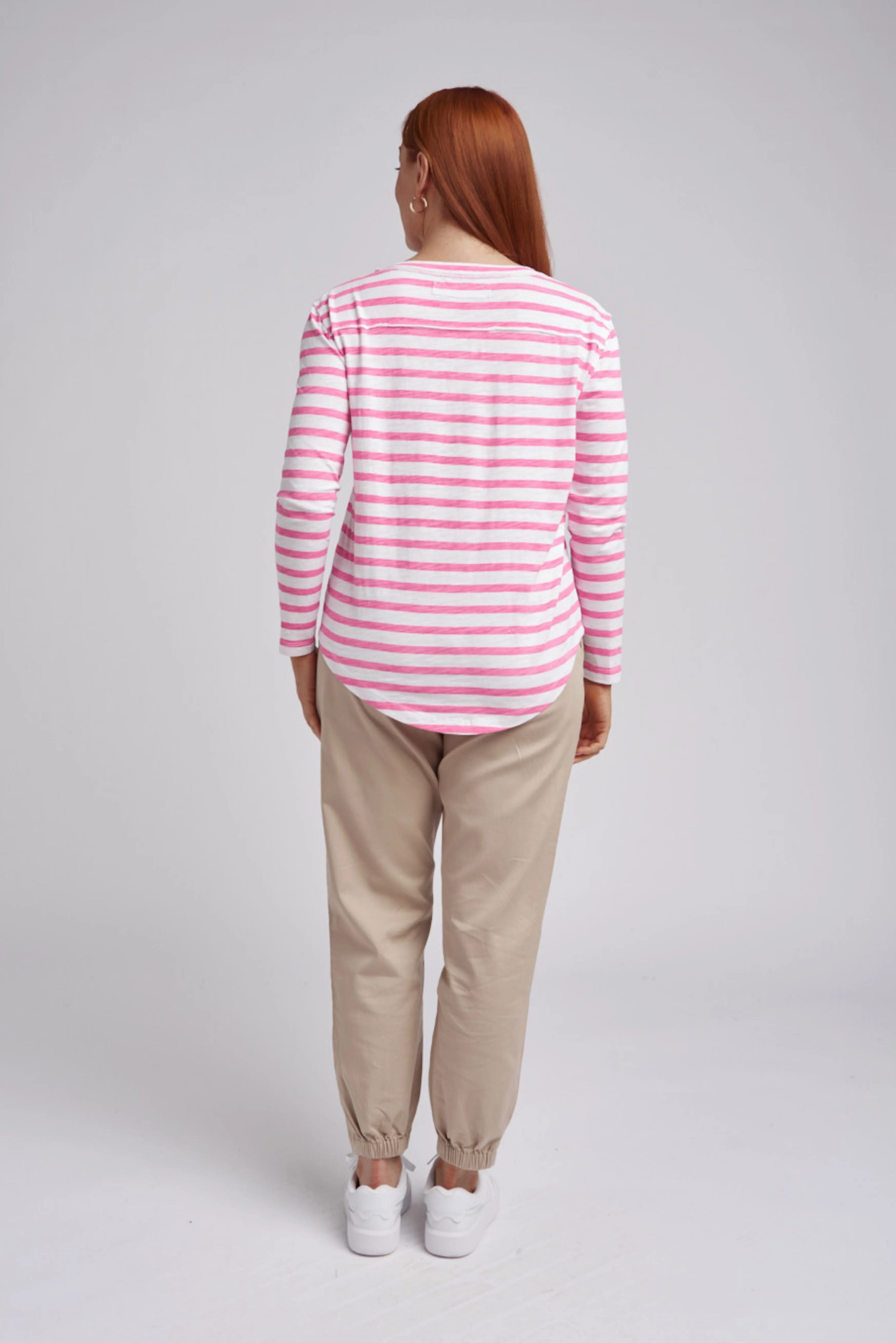 Scoop Neck Stripe Cotton Pocket Tee Pink/White