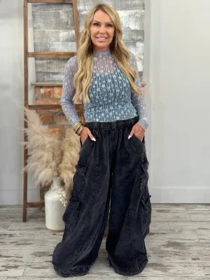 Slouchy Corduroy Wide Leg Jogger Pants in Black