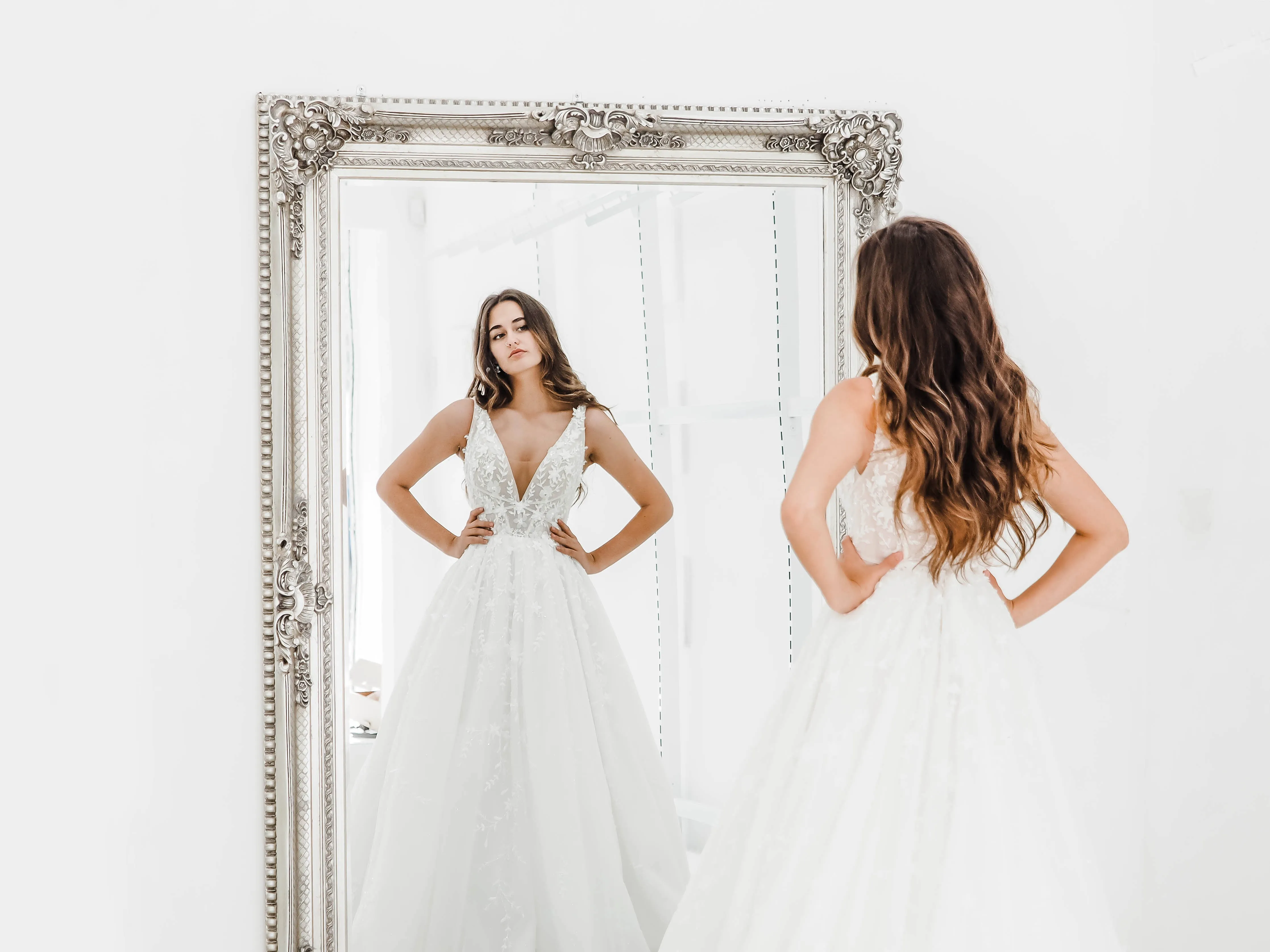 Sparkling white V neck wedding dress with open back