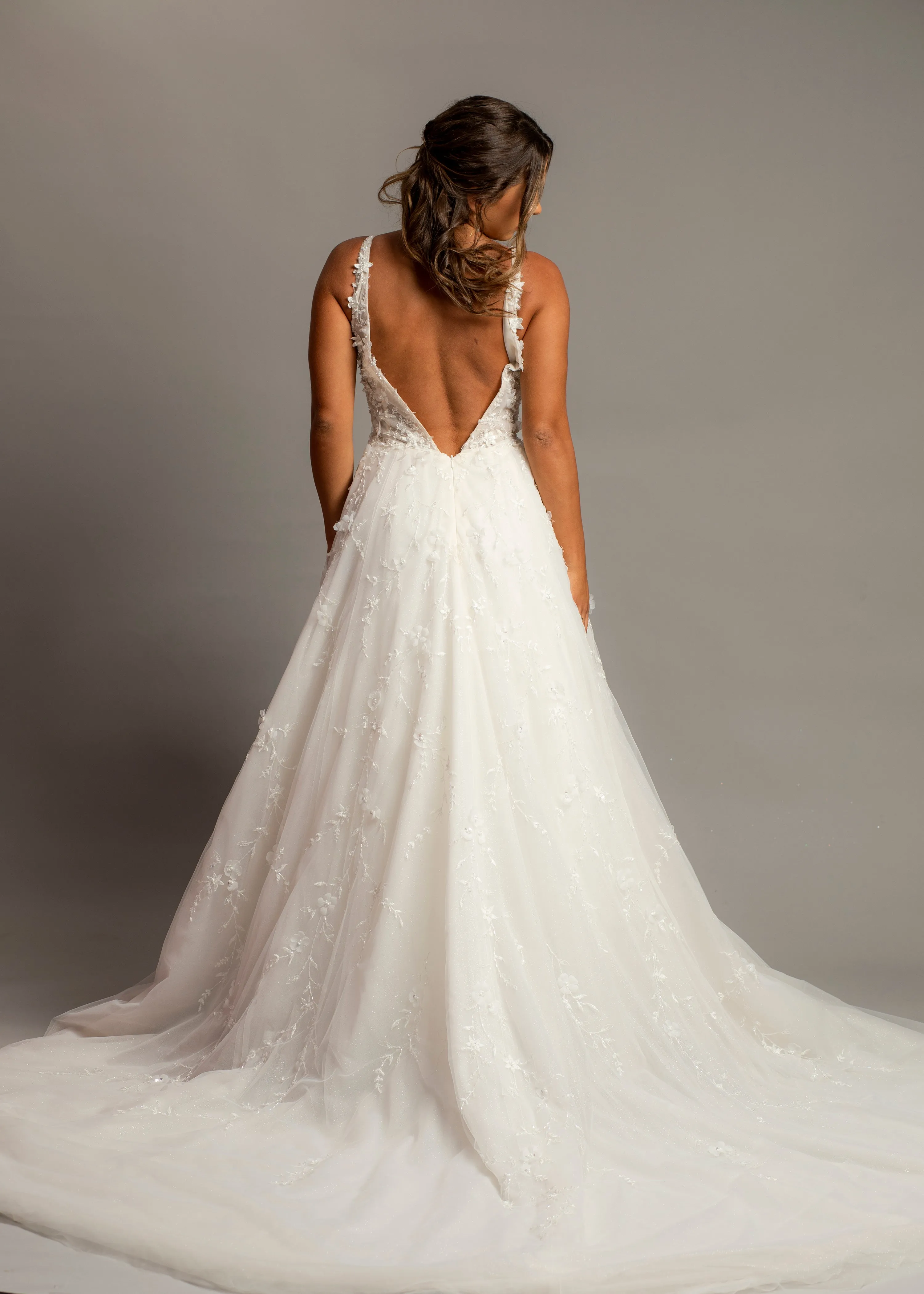Sparkling white V neck wedding dress with open back