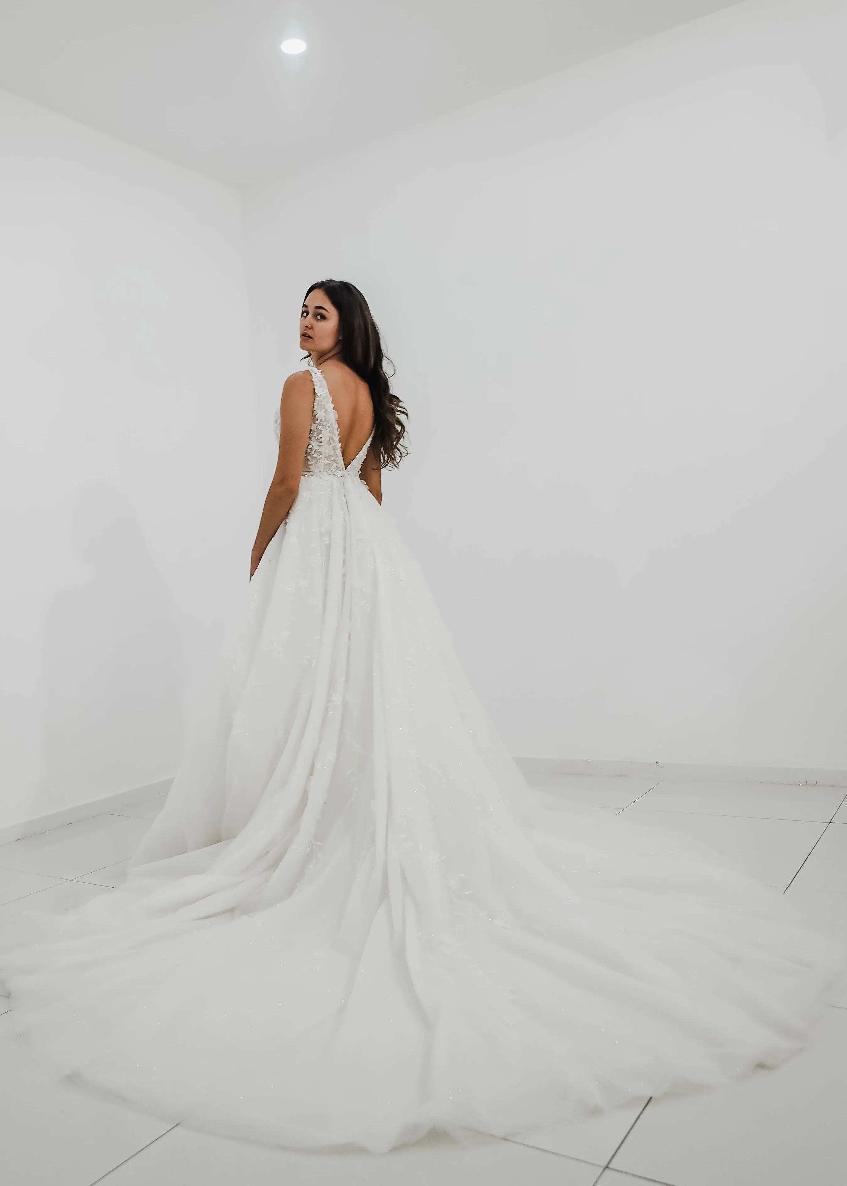 Sparkling white V neck wedding dress with open back